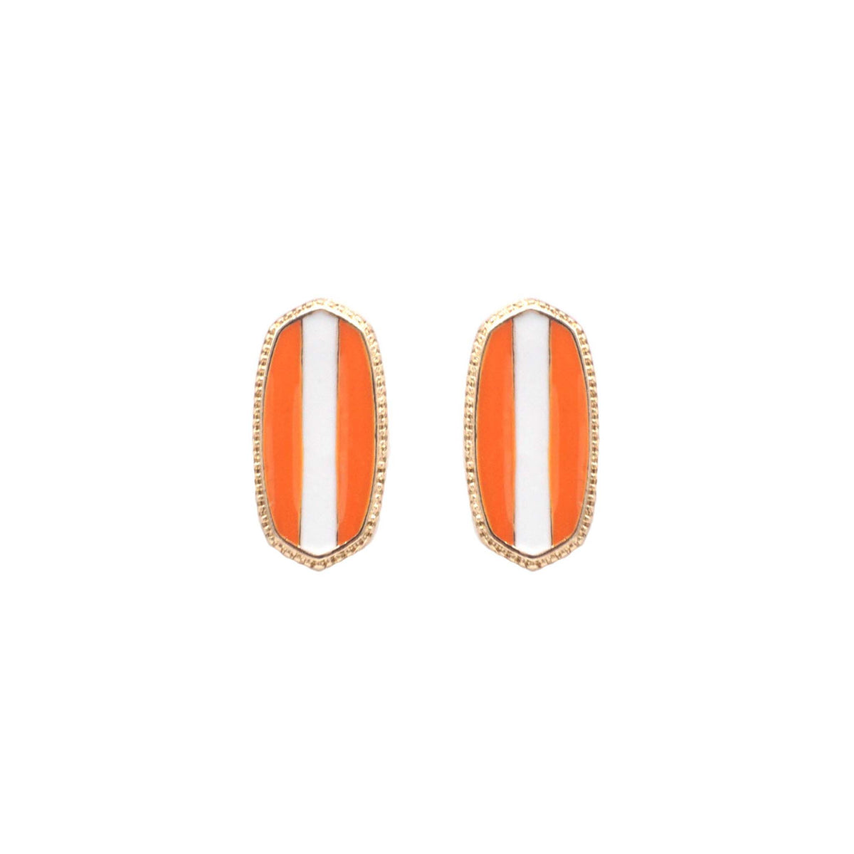 Oval stud earrings with vertical white stripe centered between orange sides in a gold-tone setting, displayed on white.