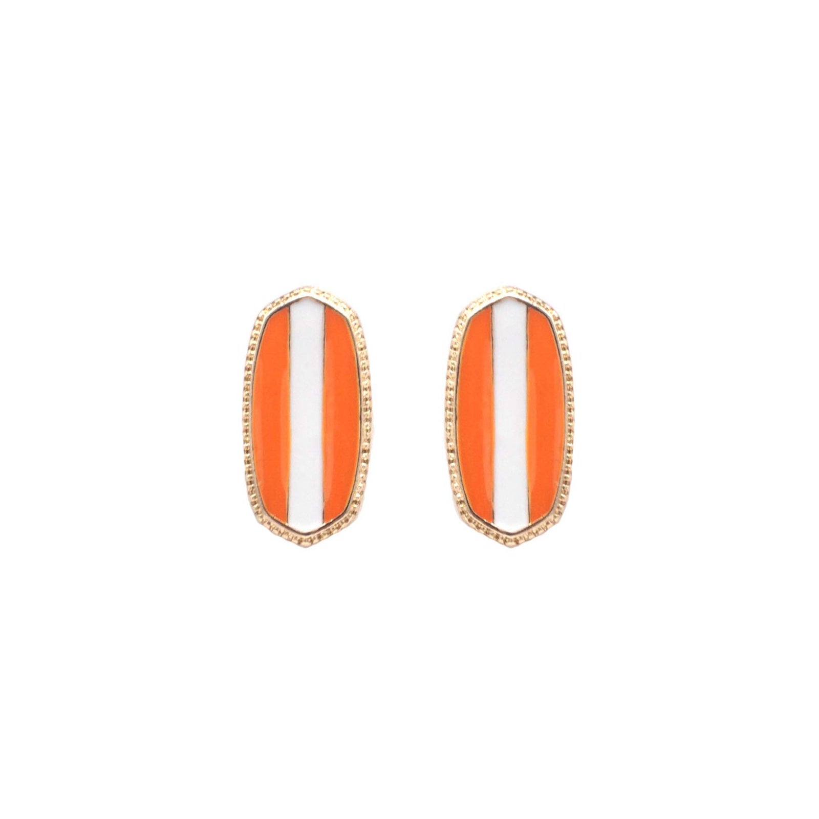 Oval stud earrings with vertical white stripe centered between orange sides in a gold-tone setting, displayed on white.