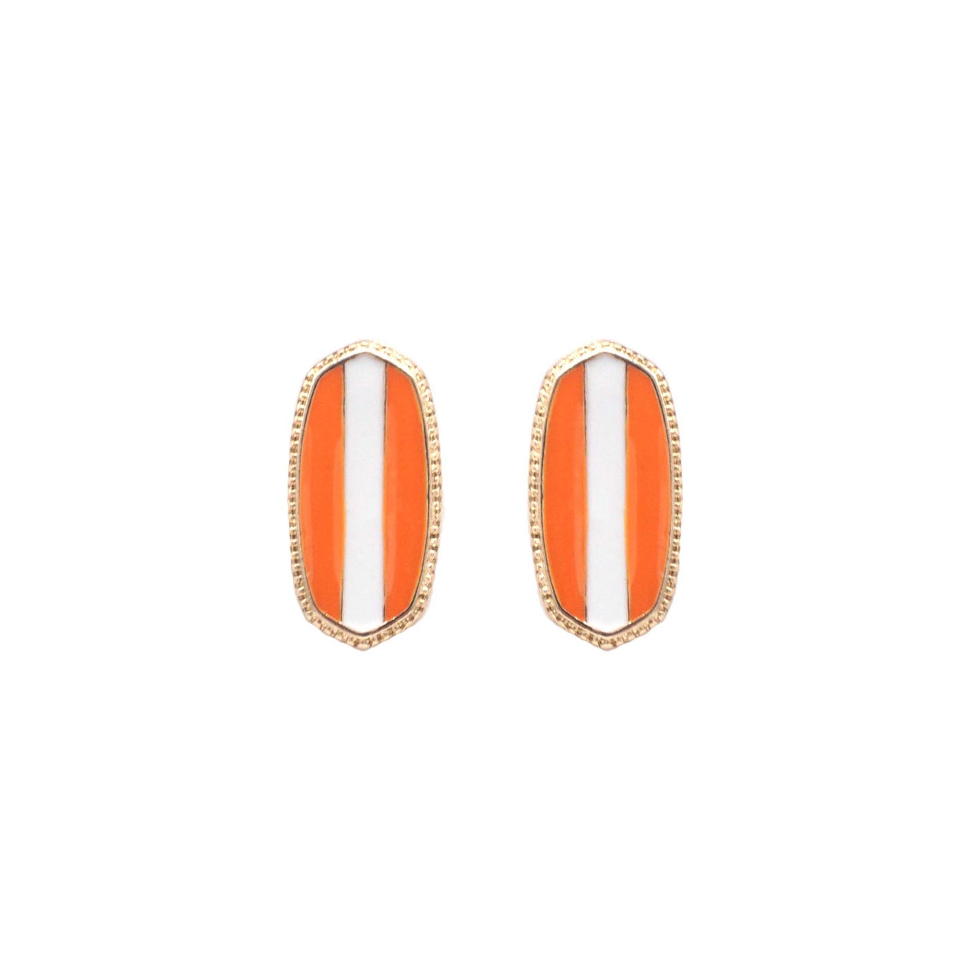 Oval stud earrings with vertical white stripe centered between orange sides in a gold-tone setting, displayed on white.