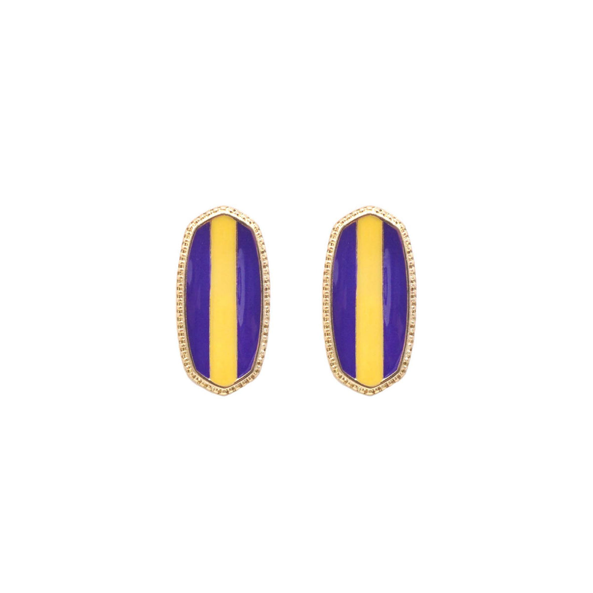 Oval stud earrings with vertical yellow stripe centered between purple sides in a gold-tone setting, displayed on white.
