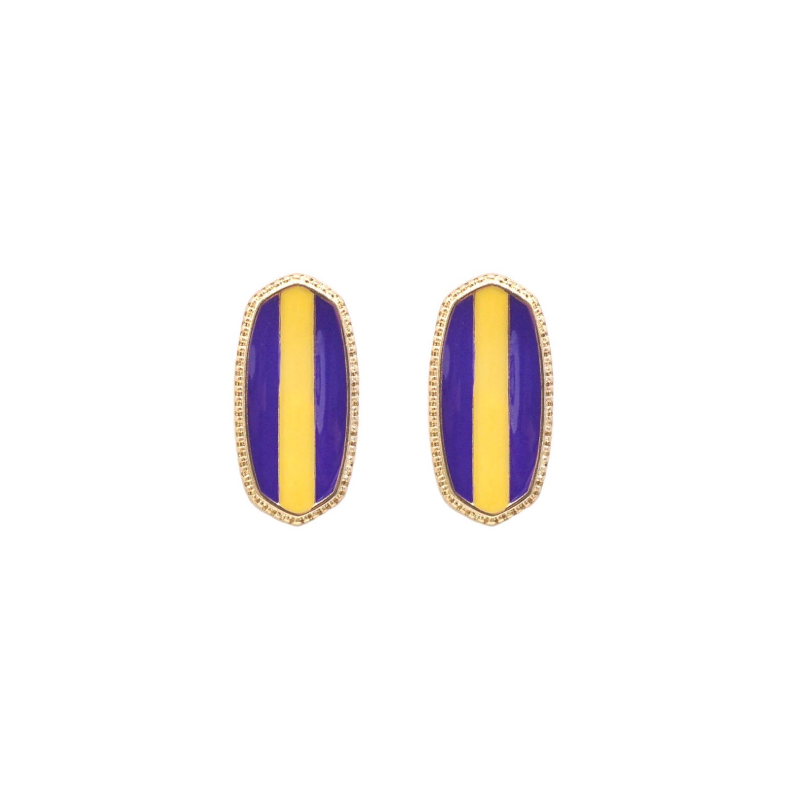 Oval stud earrings with vertical yellow stripe centered between purple sides in a gold-tone setting, displayed on white.