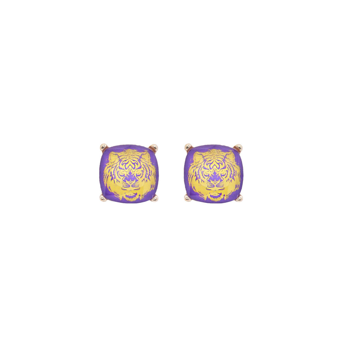 Purple and gold tiger head earrings on a white background