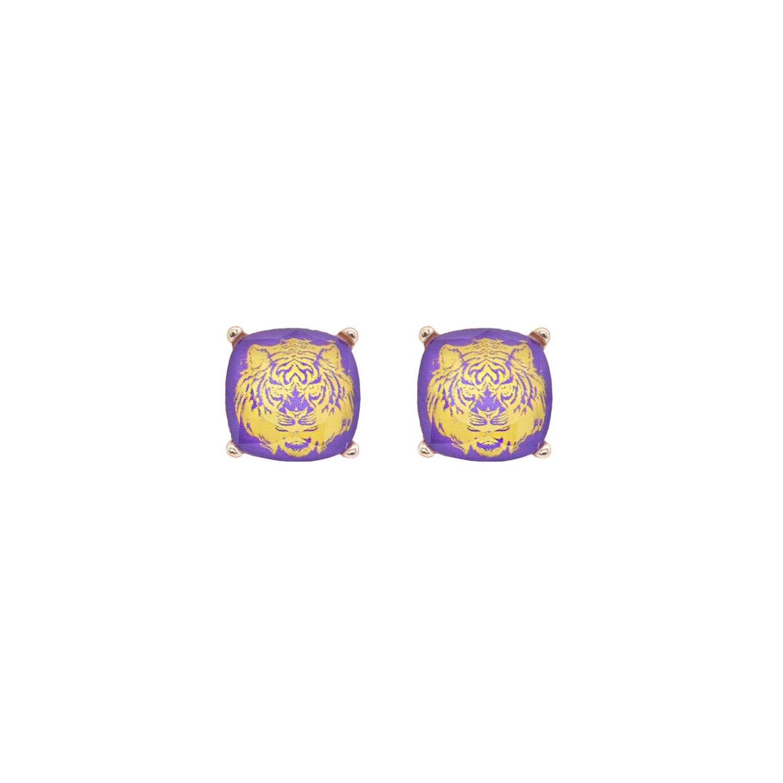 Purple and gold tiger head earrings on a white background