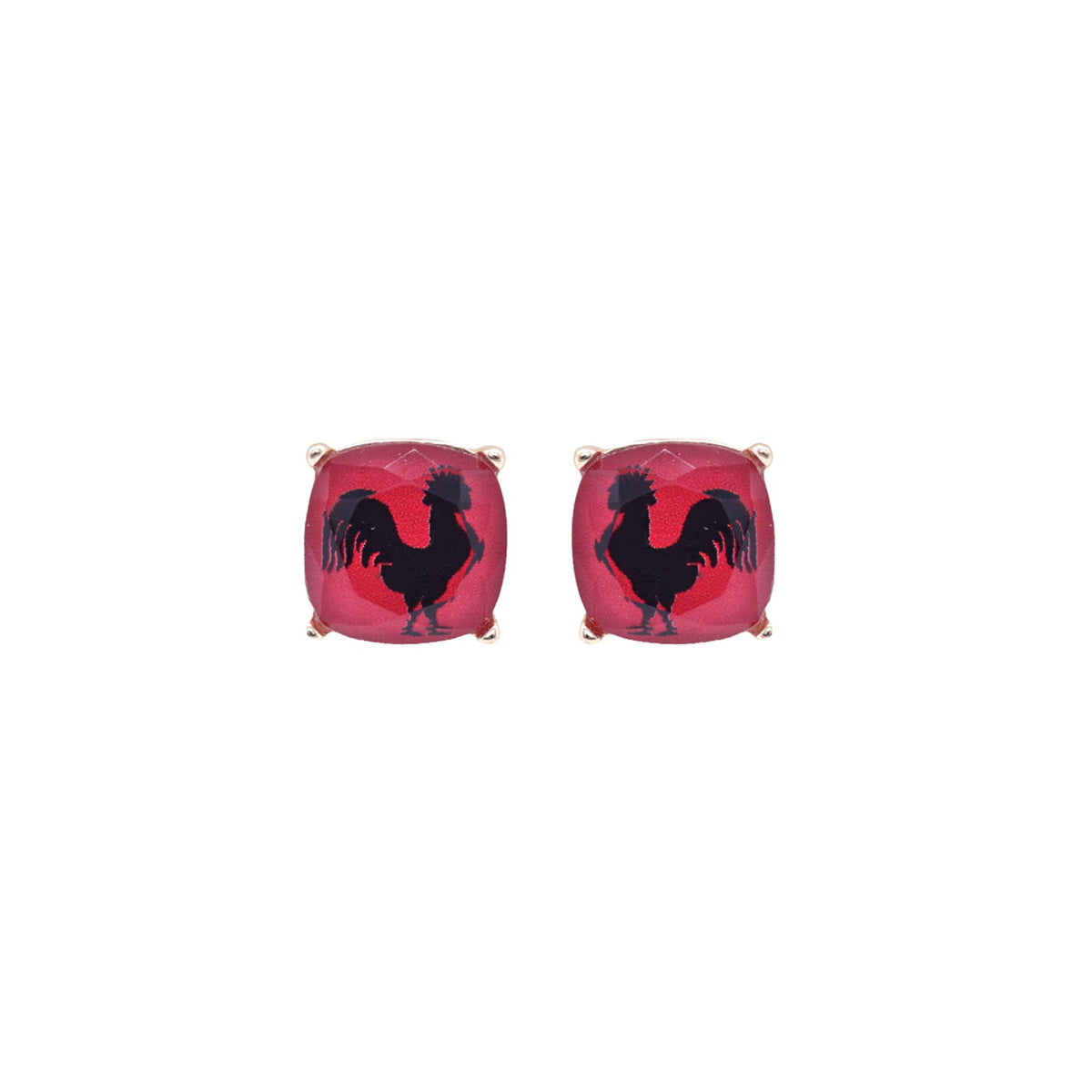 Garnet red stud earrings with black rooster silhouette design in a square gold-tone setting.