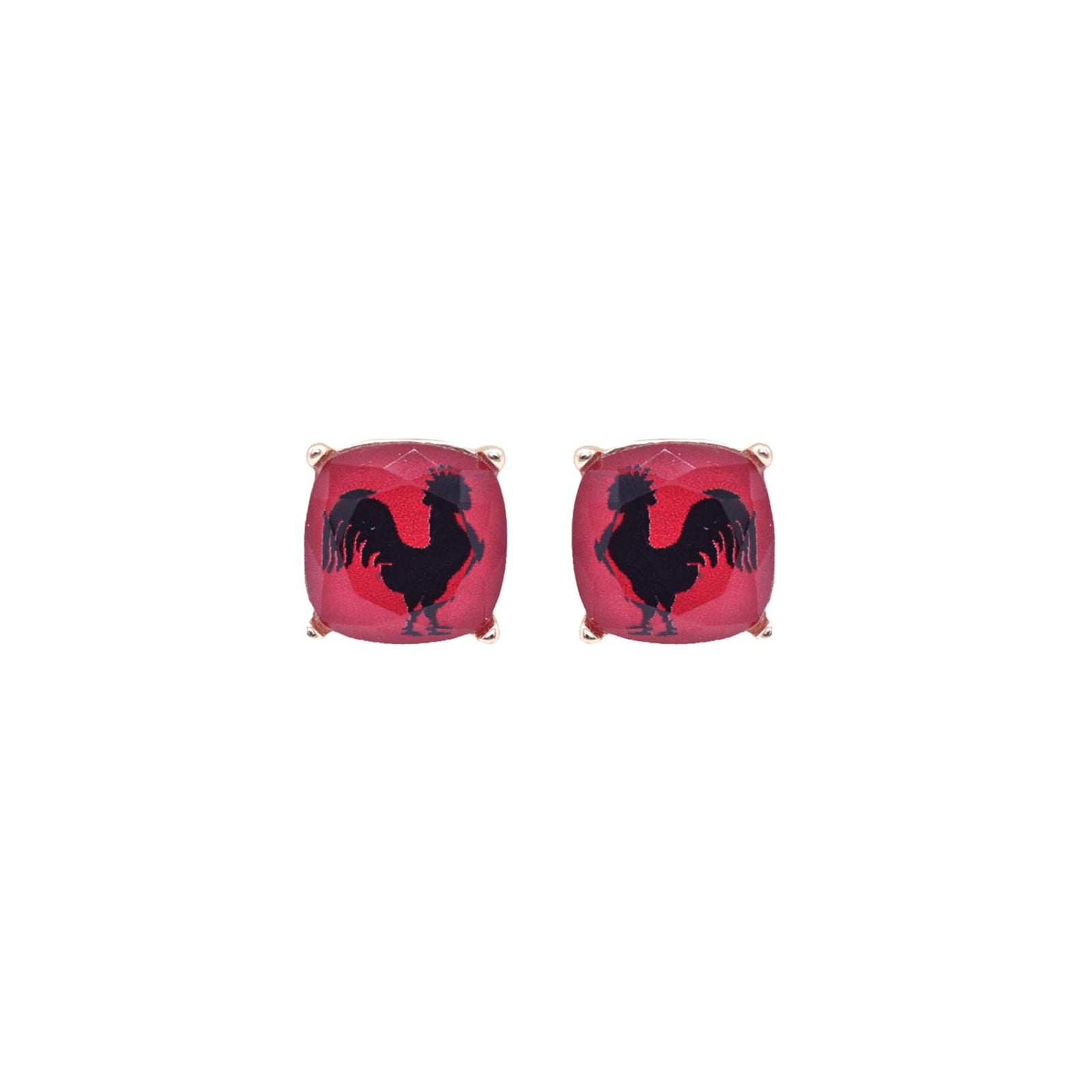 Garnet red stud earrings with black rooster silhouette design in a square gold-tone setting.