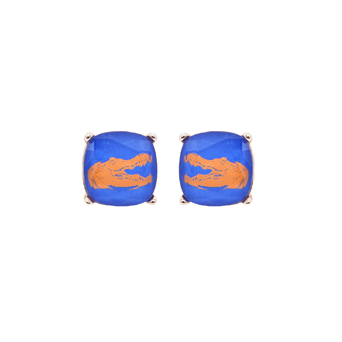 Round blue stud earrings with orange gator head design at center, shown on white background.