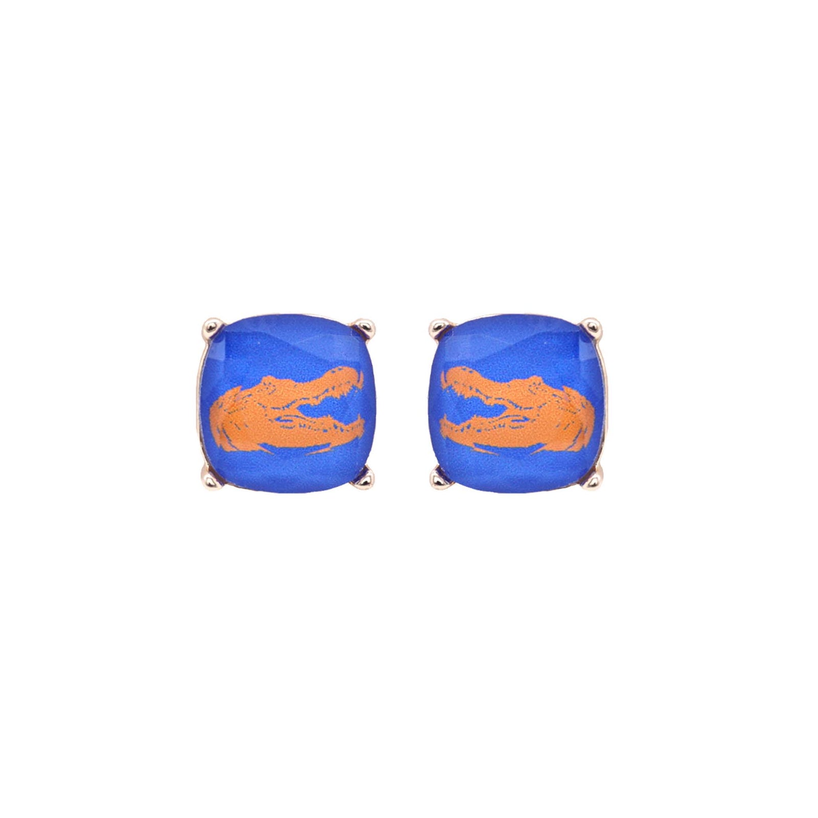 Round blue stud earrings with orange gator head design at center, shown on white background.