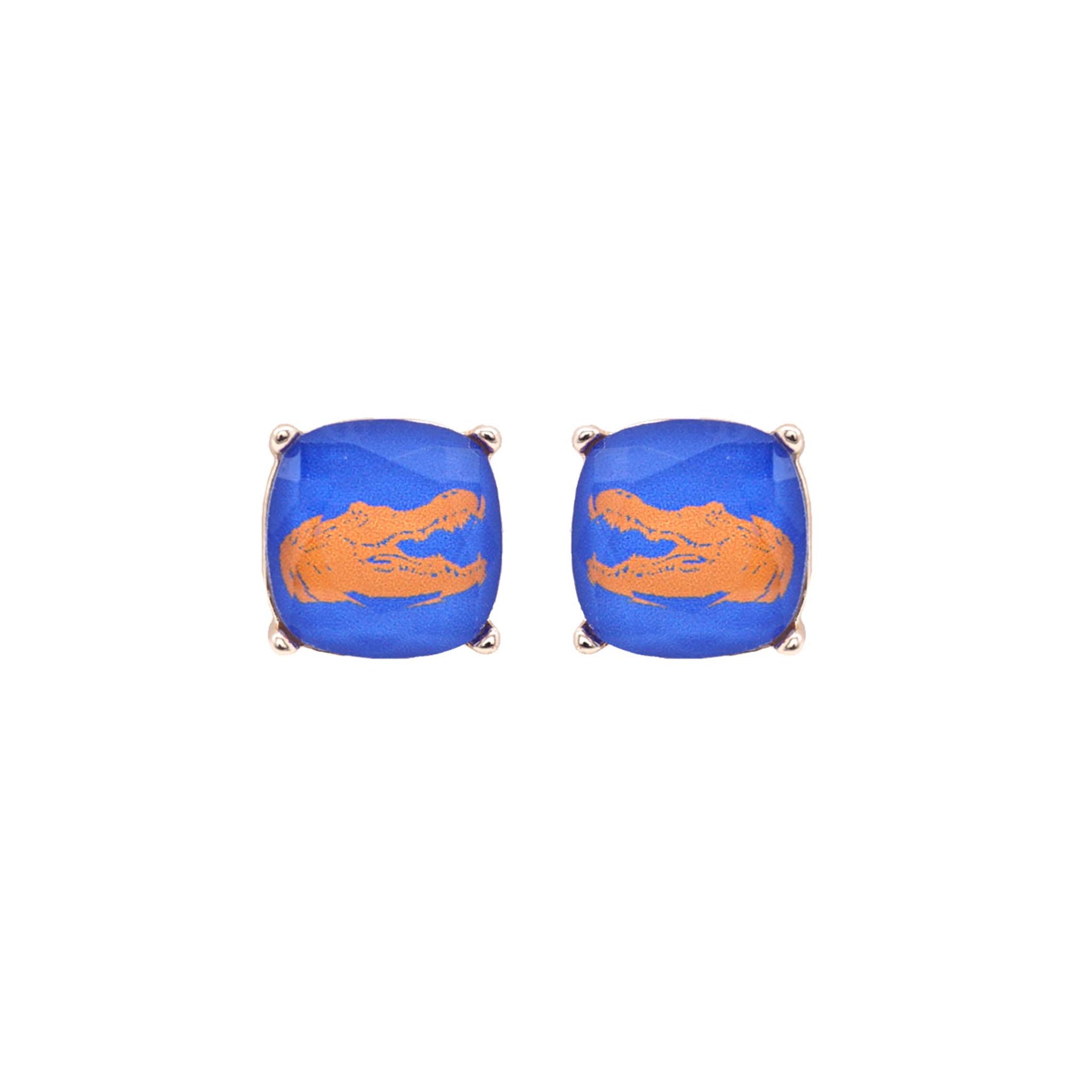 Round blue stud earrings with orange gator head design at center, shown on white background.