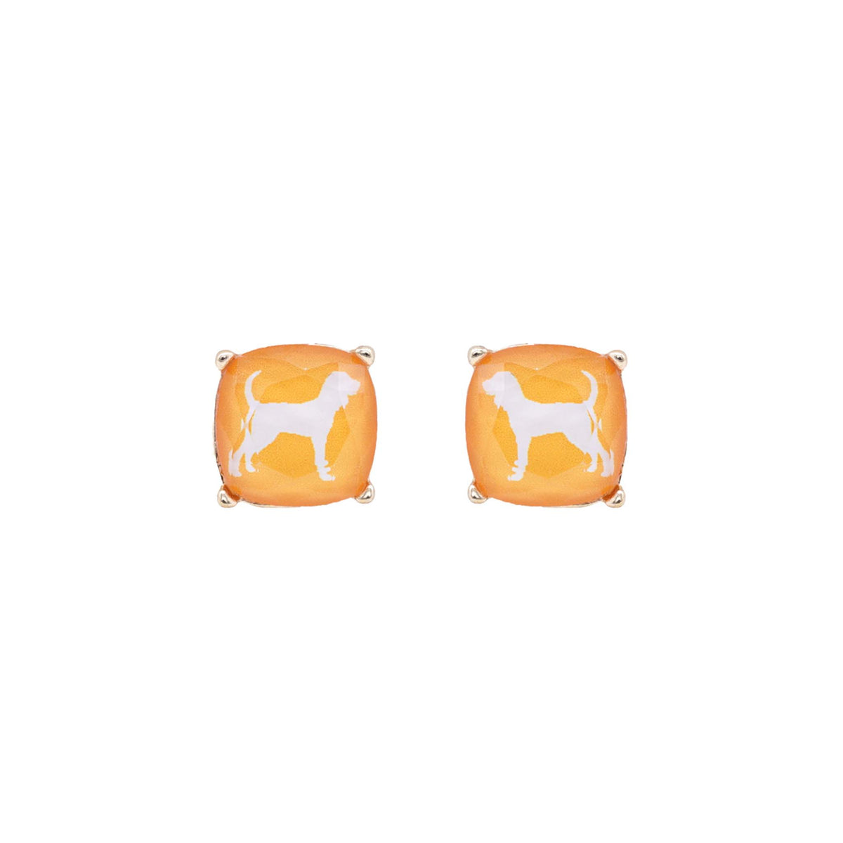 Orange cushion stud earrings featuring white silhouette of a dog and gold-tone prongs, shown on a white background.