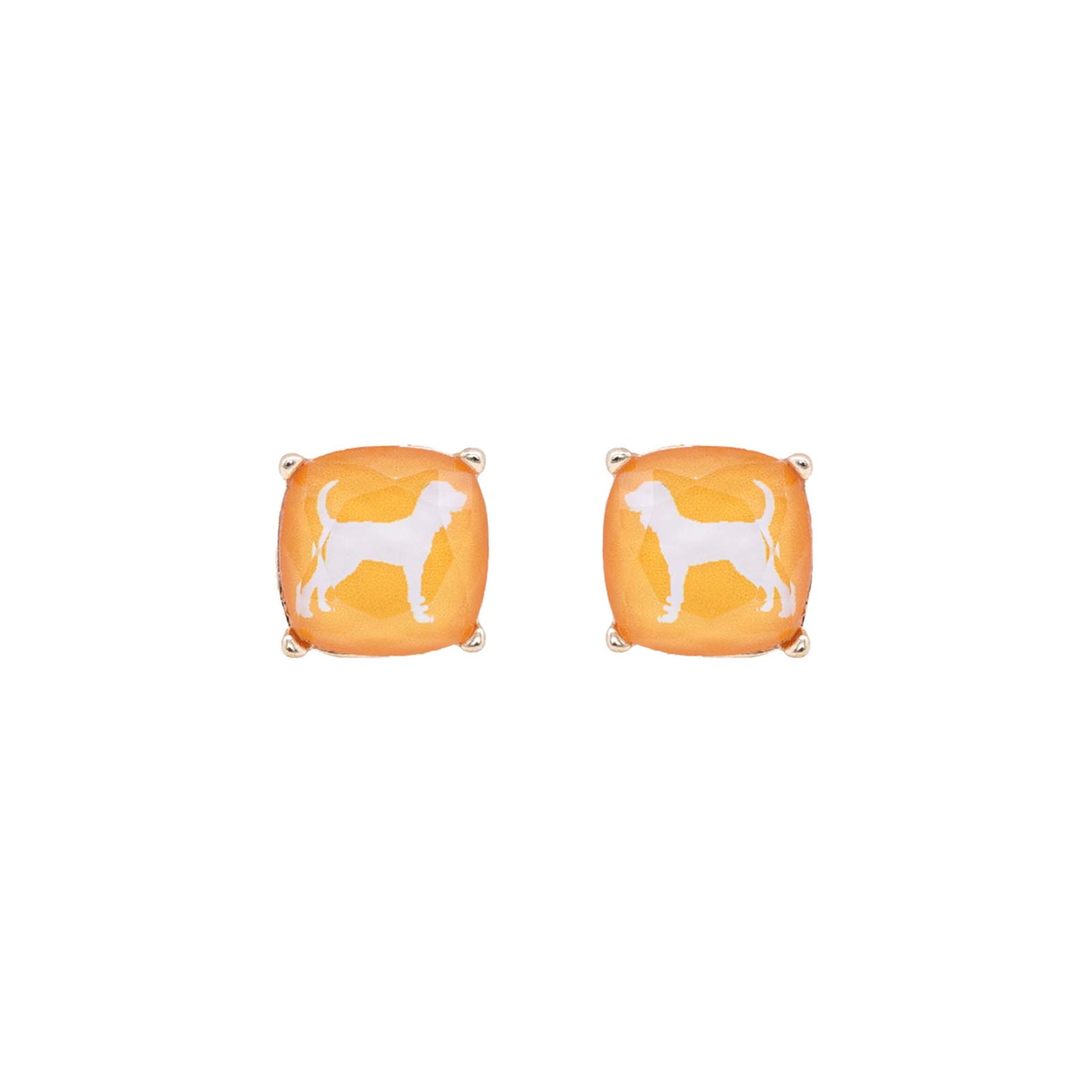 Orange cushion stud earrings featuring white silhouette of a dog and gold-tone prongs, shown on a white background.