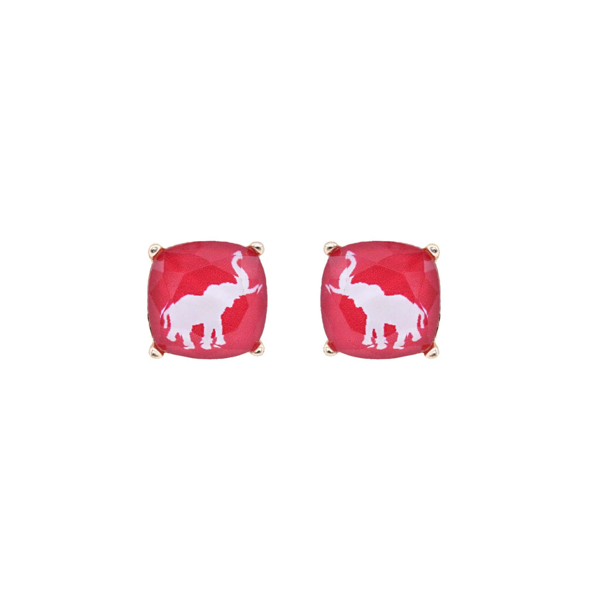 crimson Red cushion stud earrings with white elephant silhouette and gold-tone prongs on a white background.
