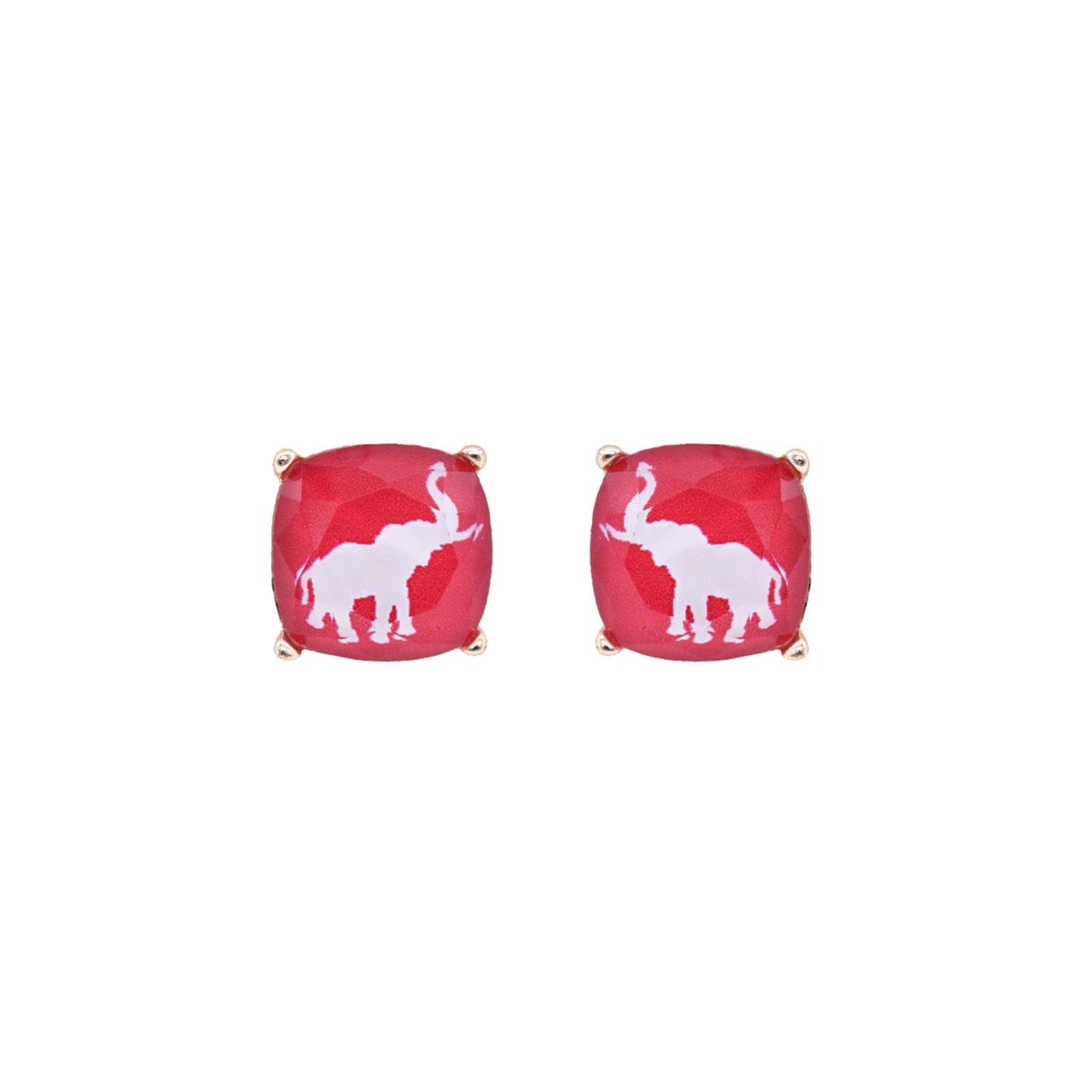 crimson Red cushion stud earrings with white elephant silhouette and gold-tone prongs on a white background.