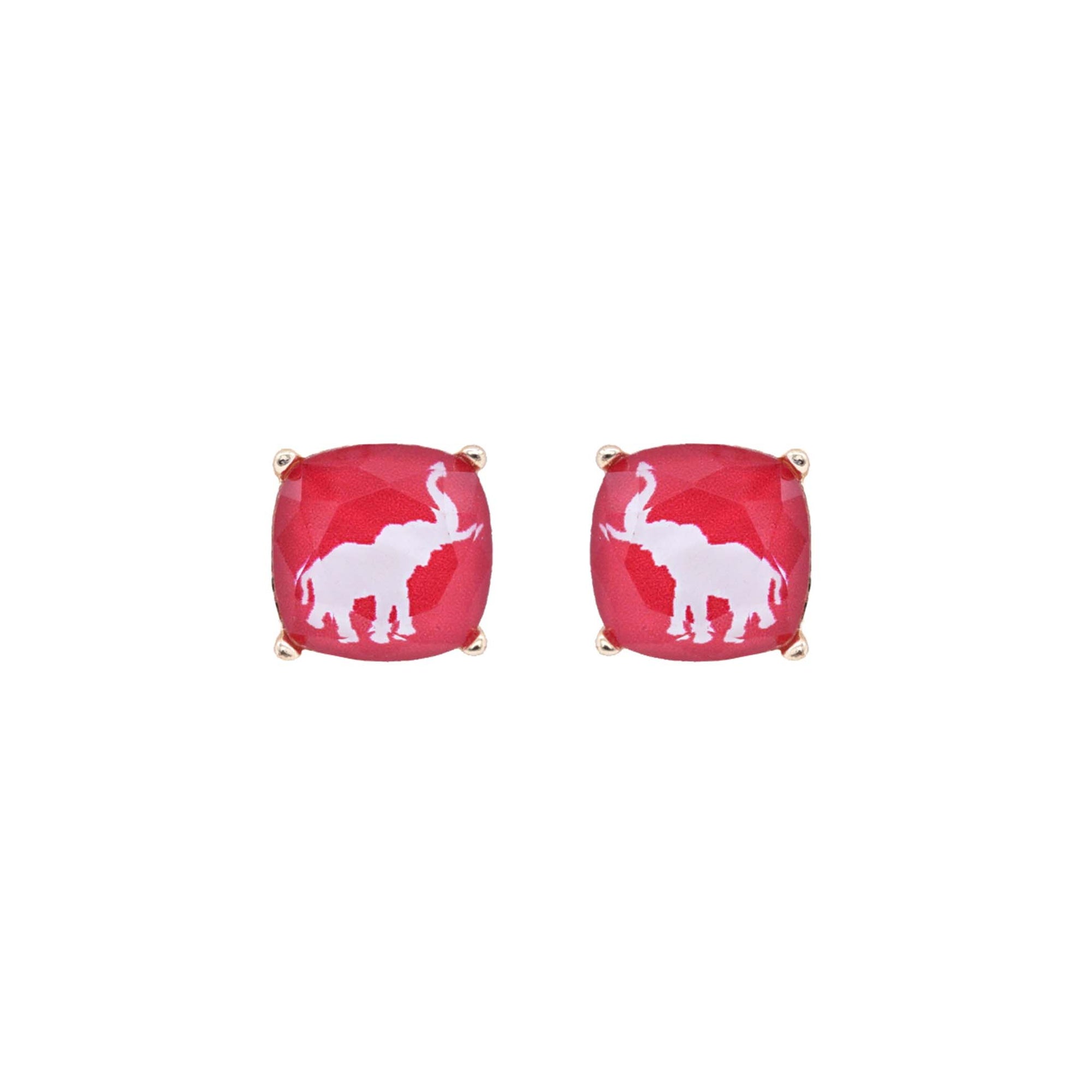 crimson Red cushion stud earrings with white elephant silhouette and gold-tone prongs on a white background.