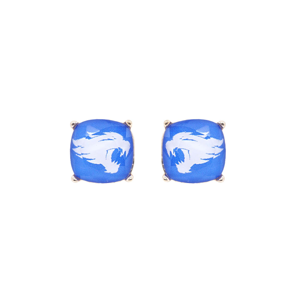Blue cushion stud earrings with white wildcat face graphic and silver-tone prongs on a white background.