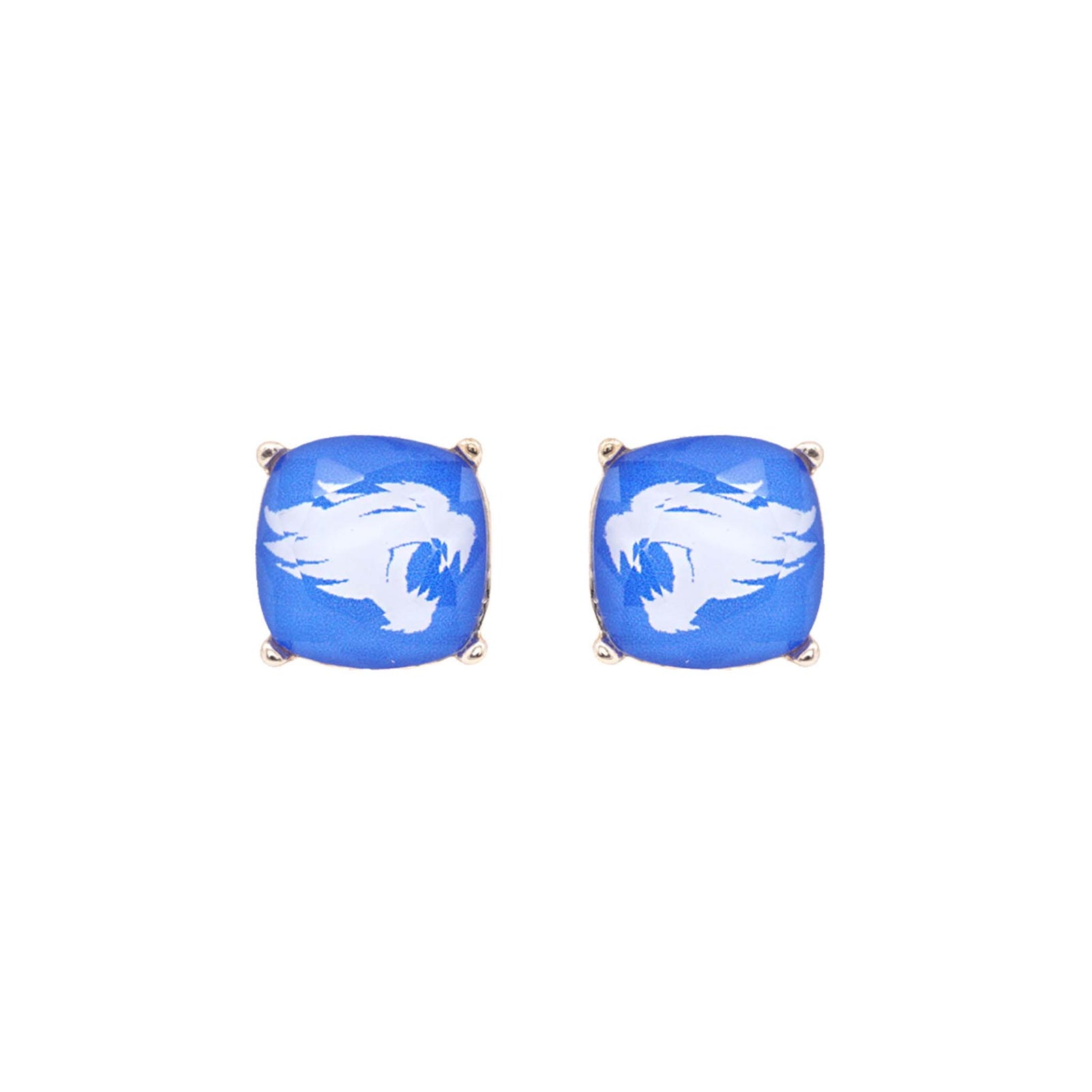 Blue cushion stud earrings with white wildcat face graphic and silver-tone prongs on a white background.