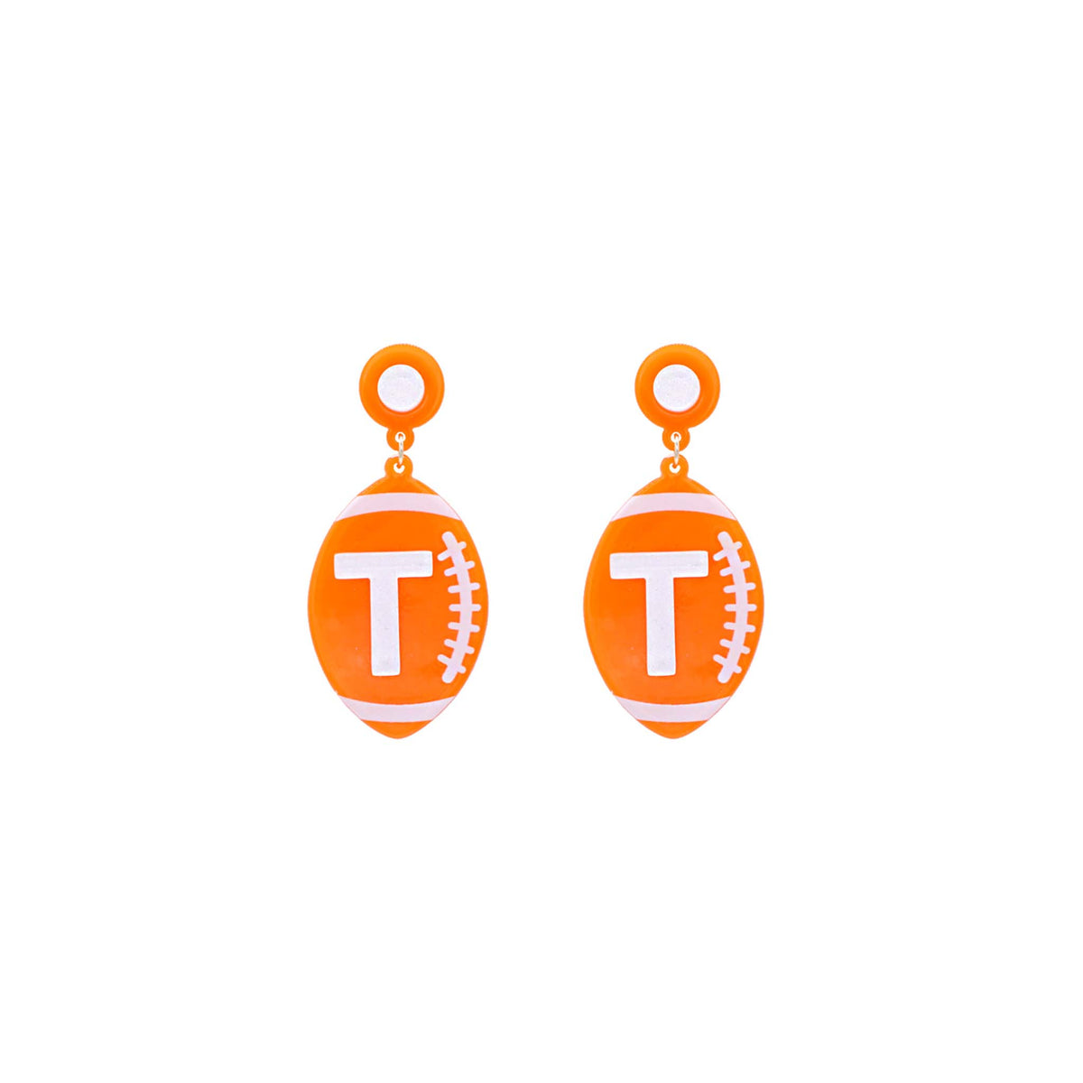 Orange football-shaped earrings with a white letter "T" and white football stitching details.