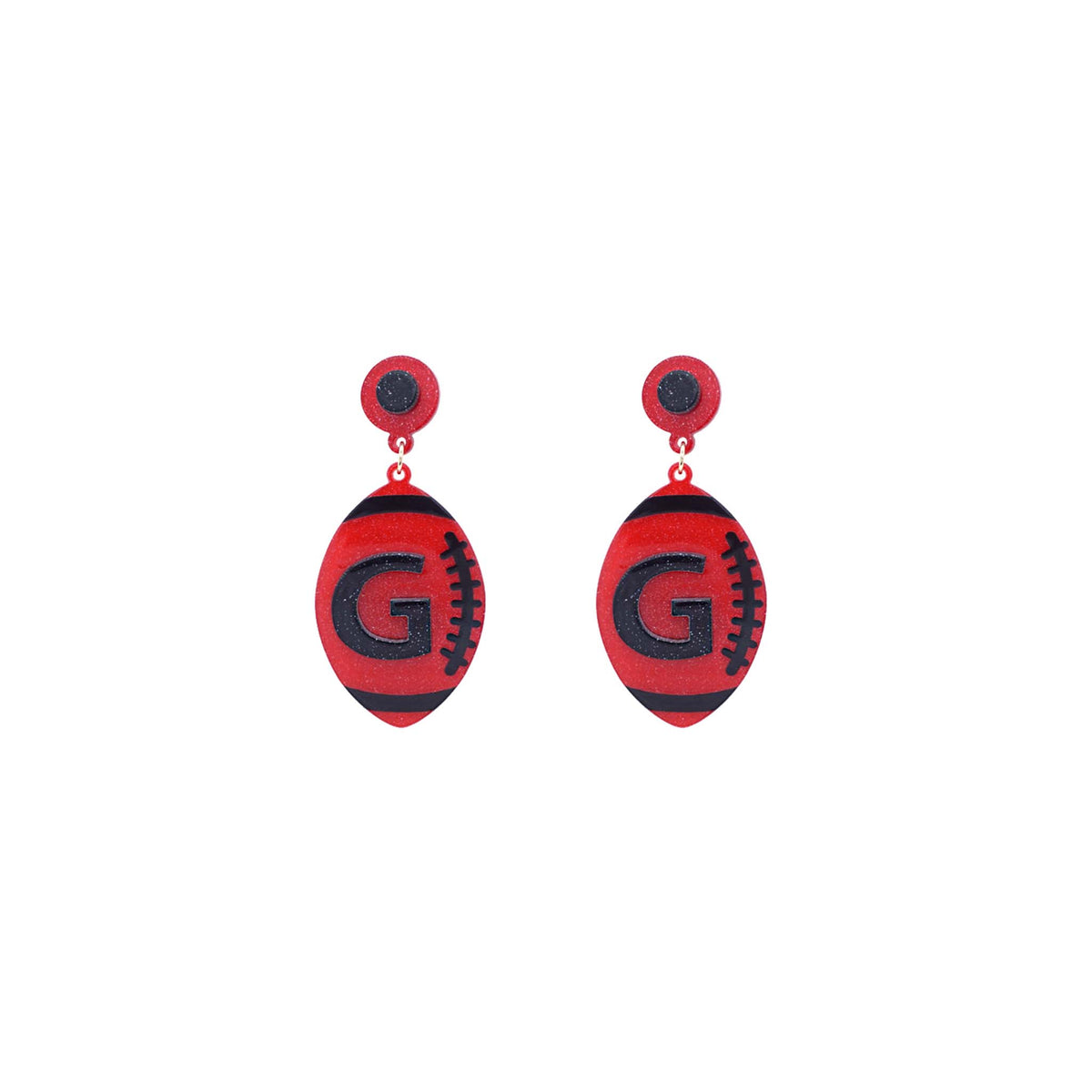 Red football-shaped earrings with a black letter "G" and black stitching details on both sides.