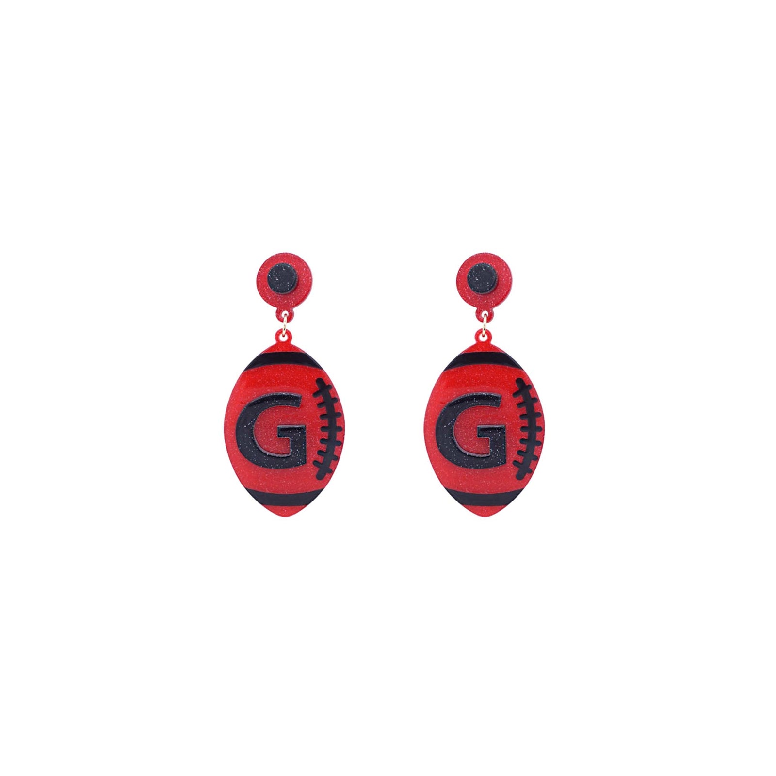 Red football-shaped earrings with a black letter "G" and black stitching details on both sides.