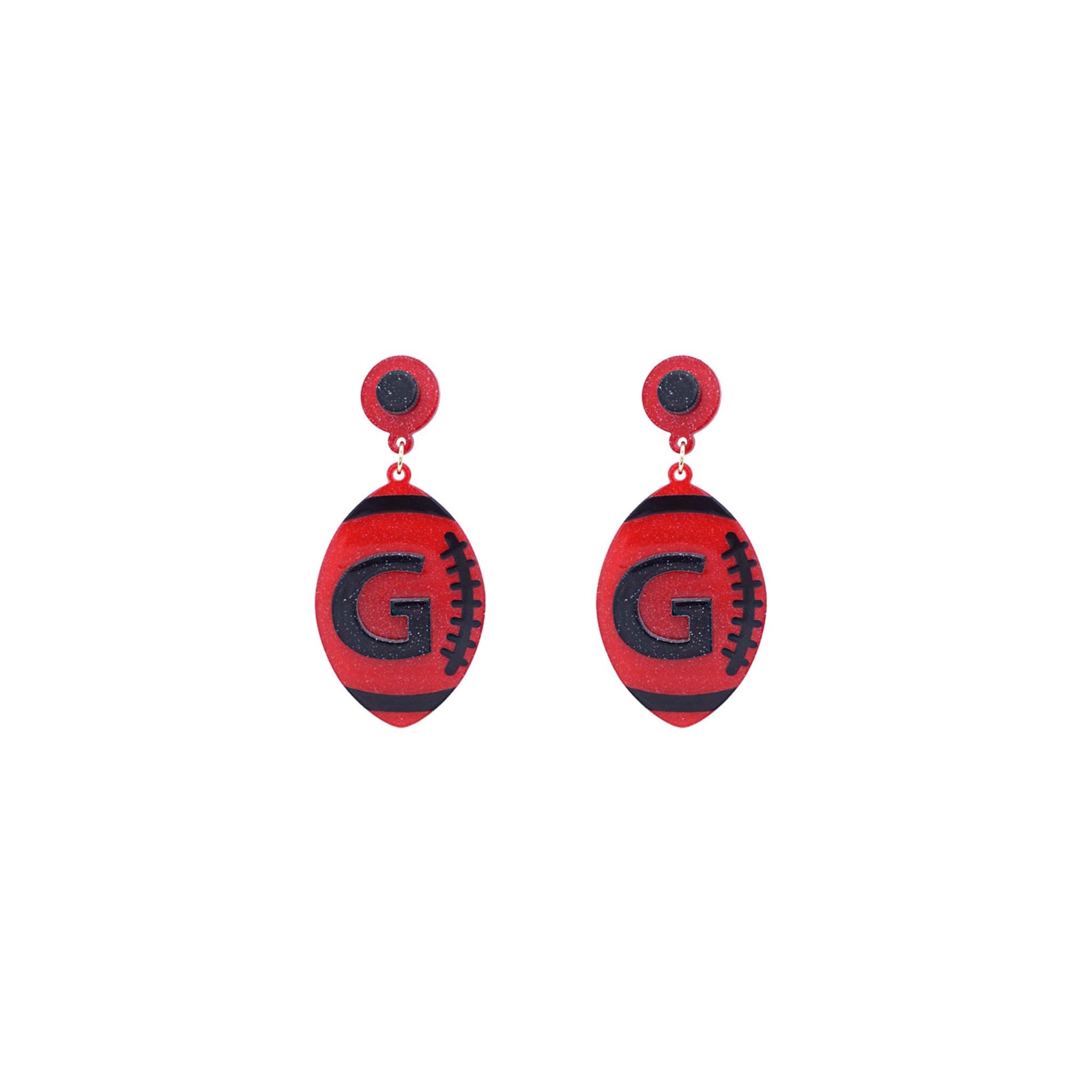Red football-shaped earrings with a black letter "G" and black stitching details on both sides.