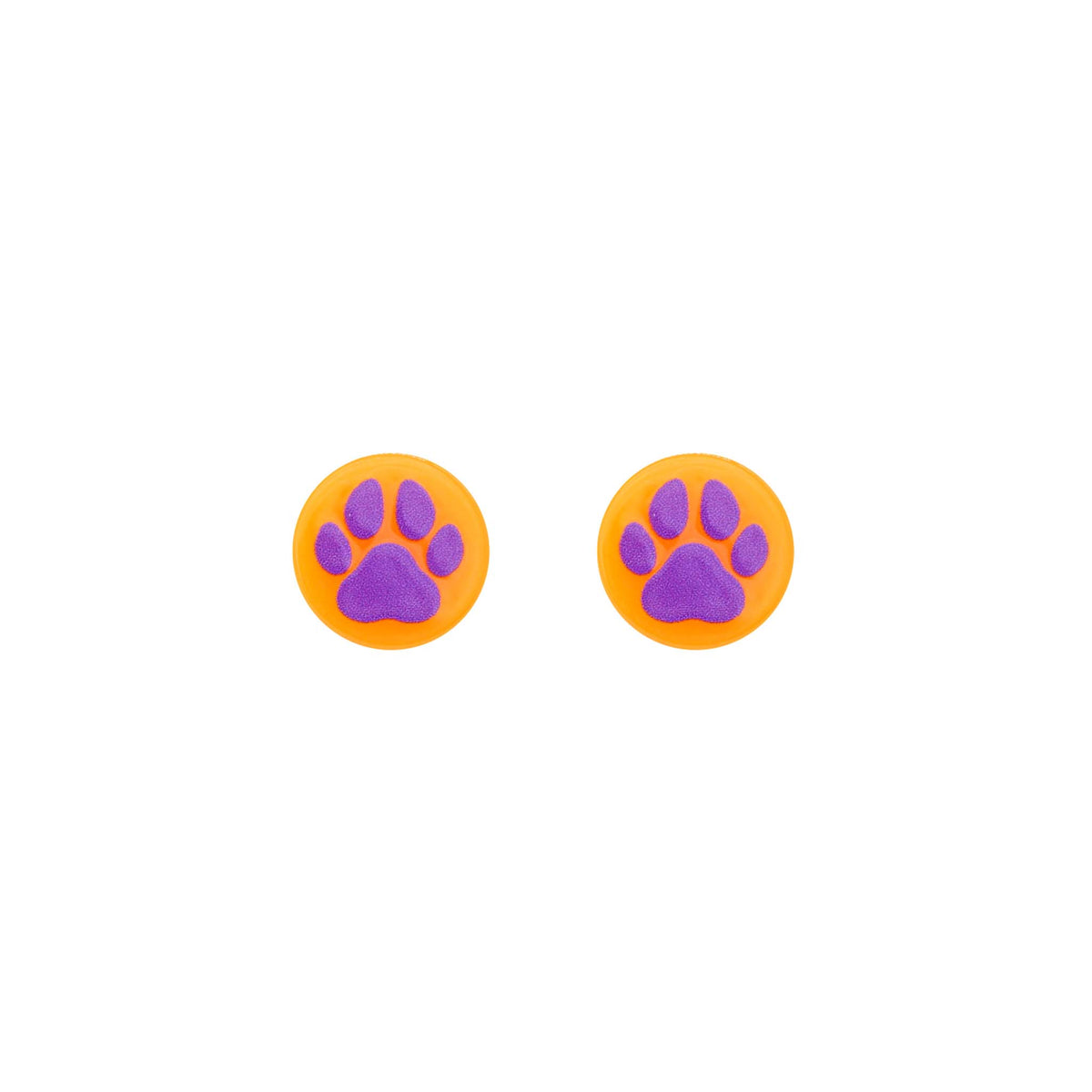 Round orange stud earrings with slightly raised purple paw print design, shown on white background.