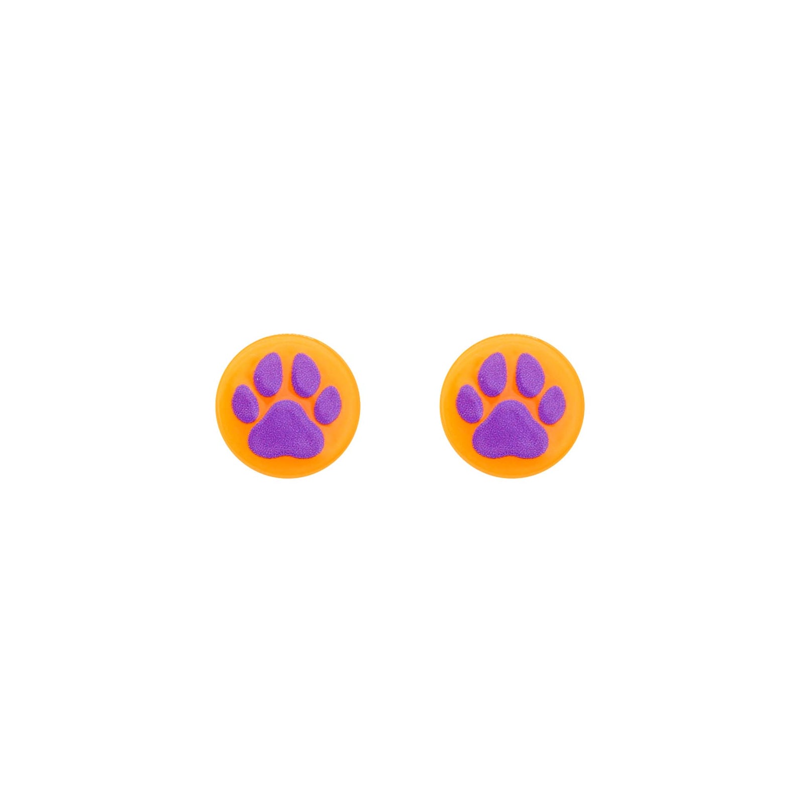 Round orange stud earrings with slightly raised purple paw print design, shown on white background.