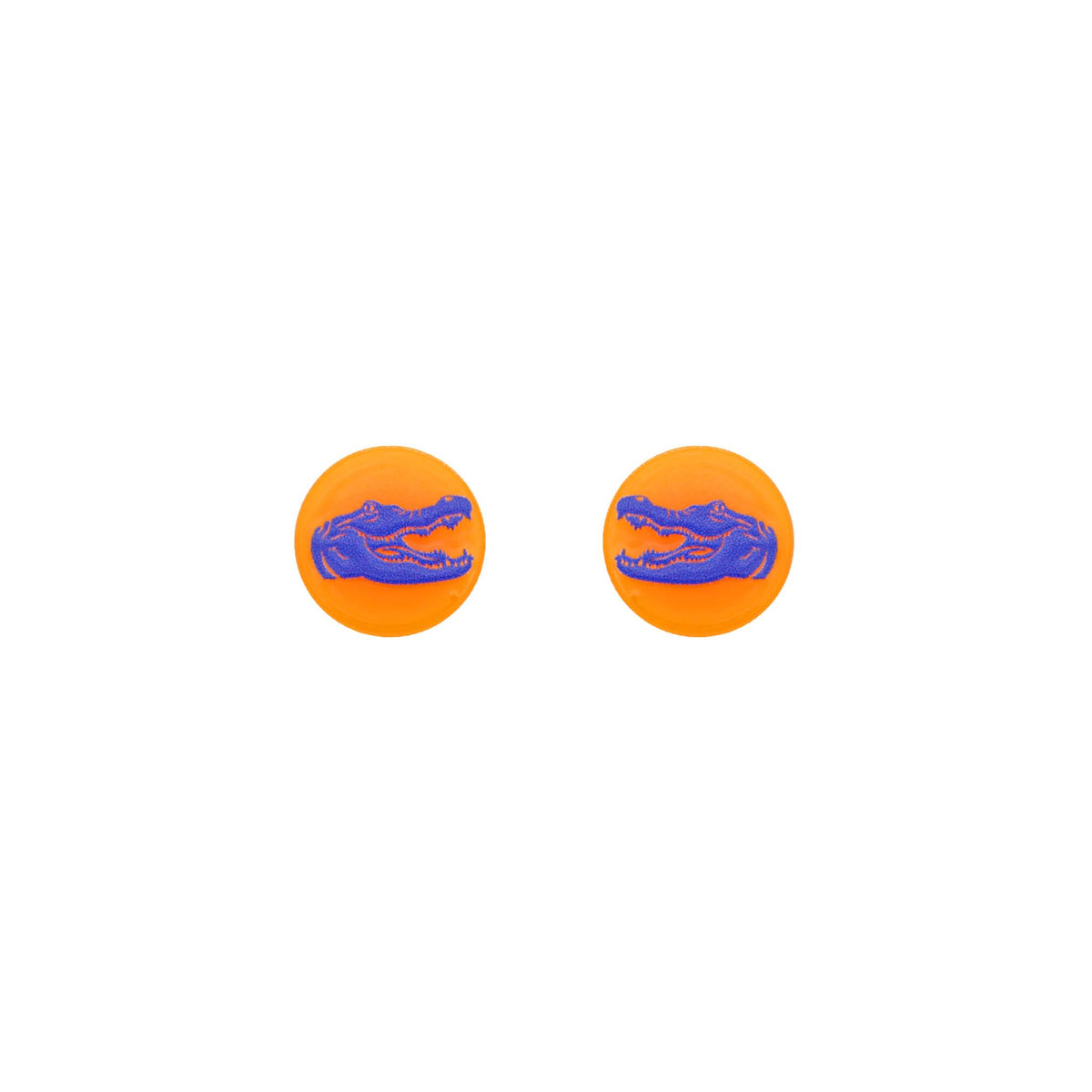 Pair of circular stud earrings with bright orange background and blue alligator head silhouette.