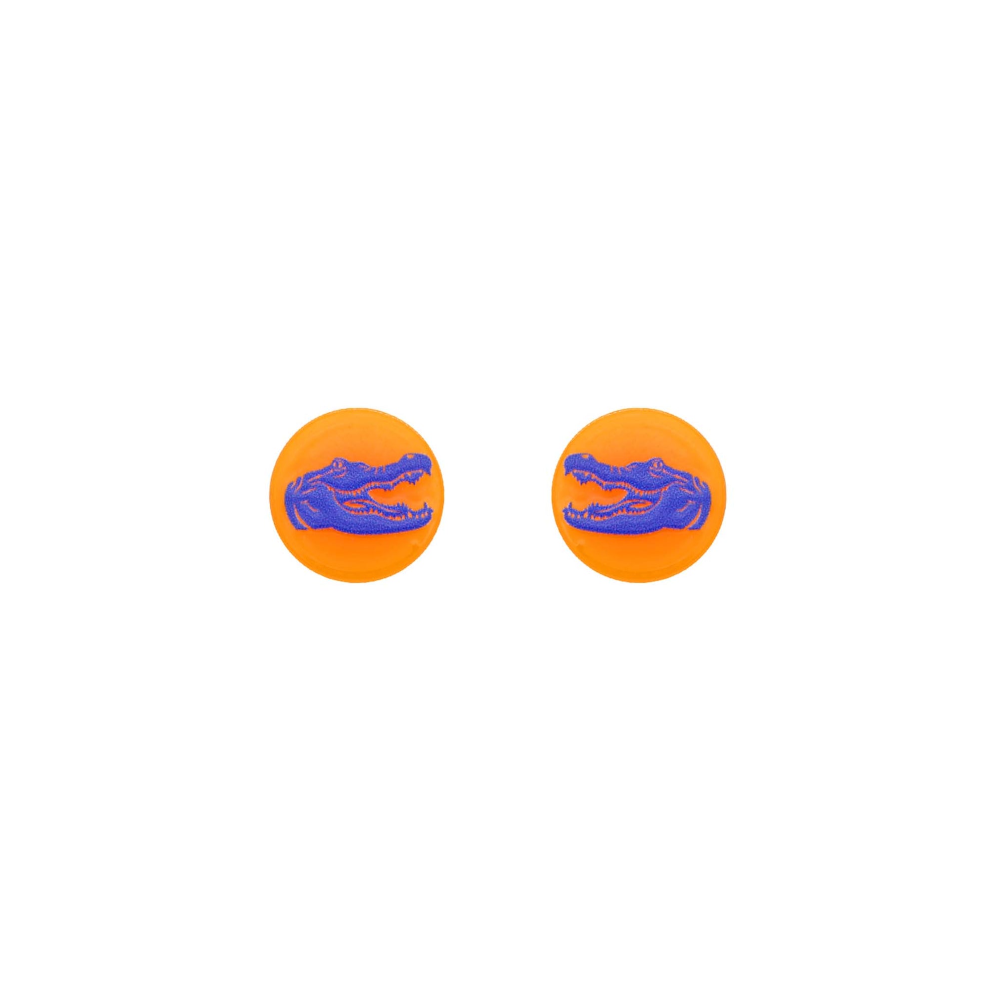 Pair of circular stud earrings with bright orange background and blue alligator head silhouette.