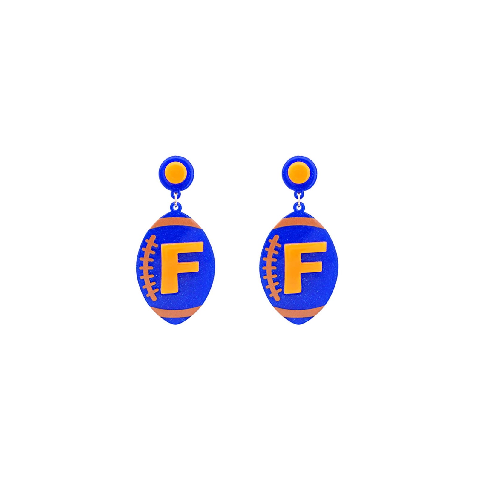 Blue football-shaped dangle earrings with orange "F" logo and football lacing, featuring circular blue and orange stud tops