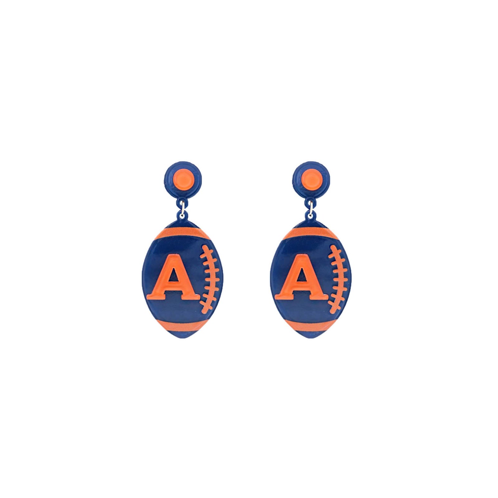 Navy blue football-shaped dangle earrings with orange "A" logo and football lacing, featuring circular navy and orange stud tops