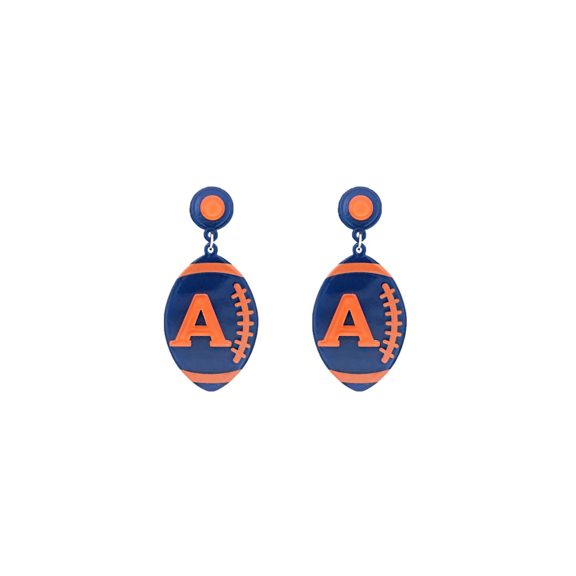 Navy blue football-shaped dangle earrings with orange "A" logo and football lacing, featuring circular navy and orange stud tops