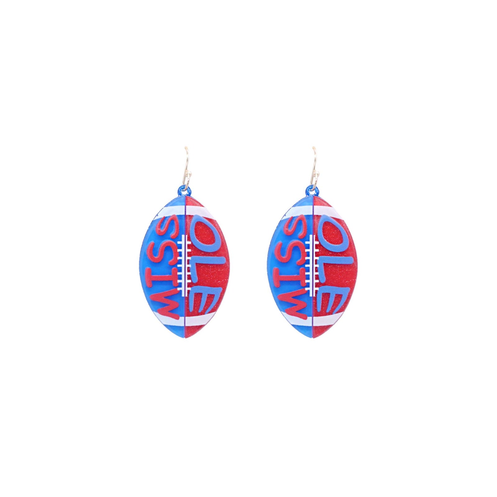 Red and blue football-shaped dangle earrings with "Ole Miss" text and silver hooks