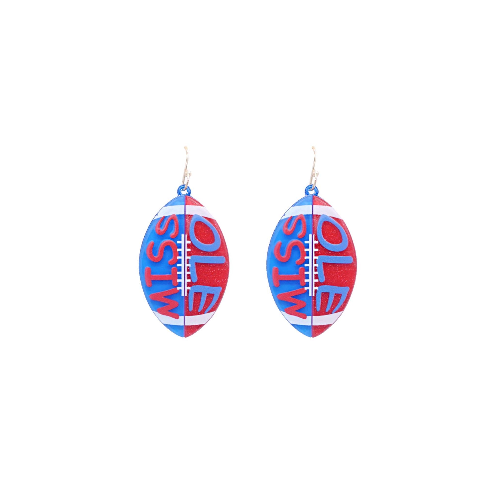 Red and blue football-shaped dangle earrings with "Ole Miss" text and silver hooks