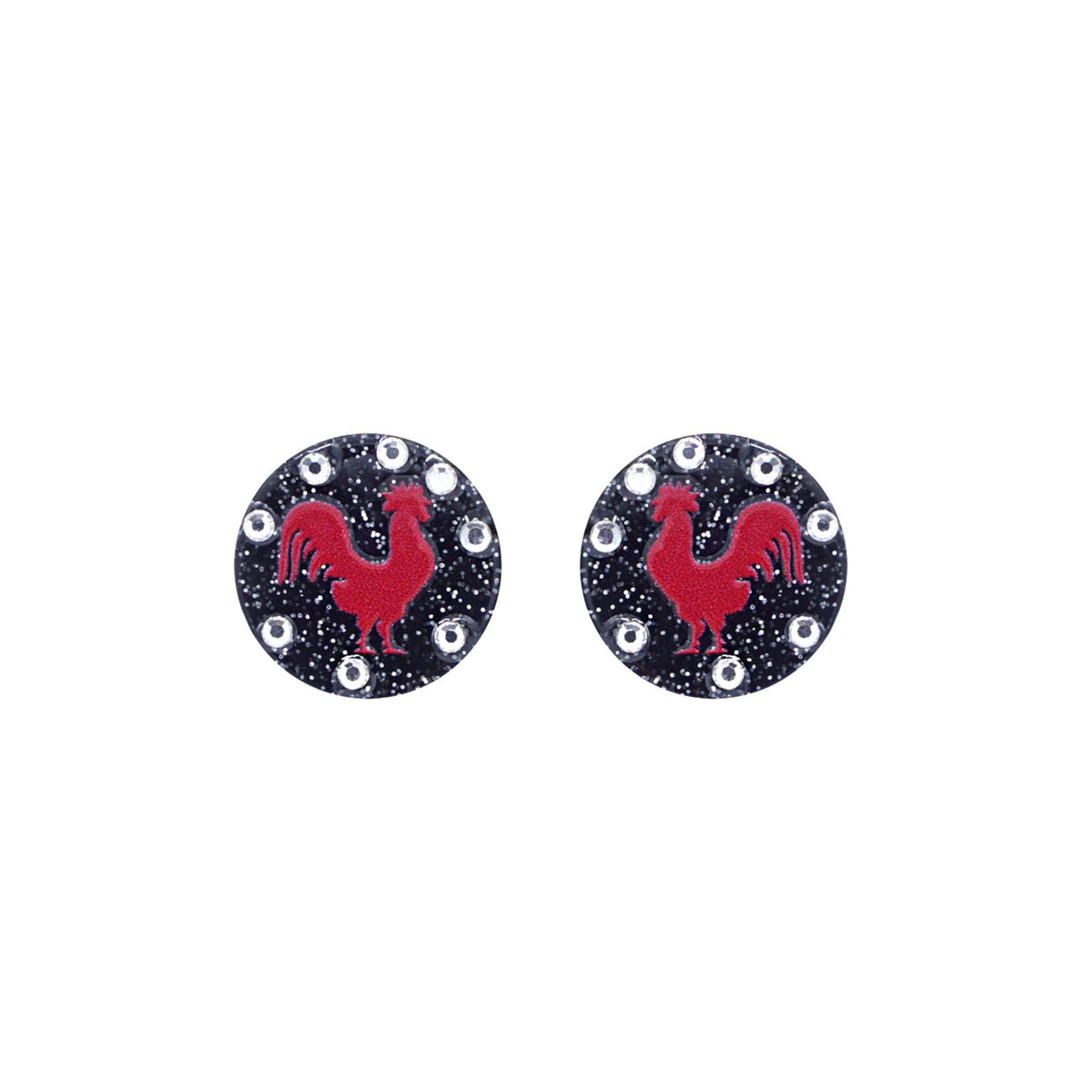Black round stud earrings with red rooster silhouette and surrounding clear rhinestones, displayed on white background.