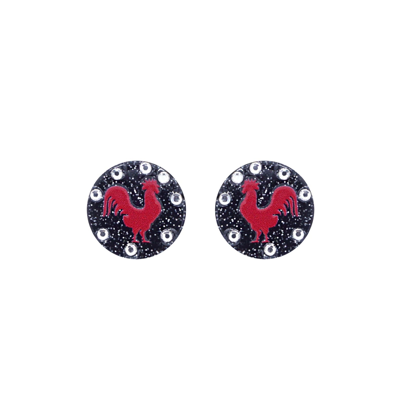 Black round stud earrings with red rooster silhouette and surrounding clear rhinestones, displayed on white background.