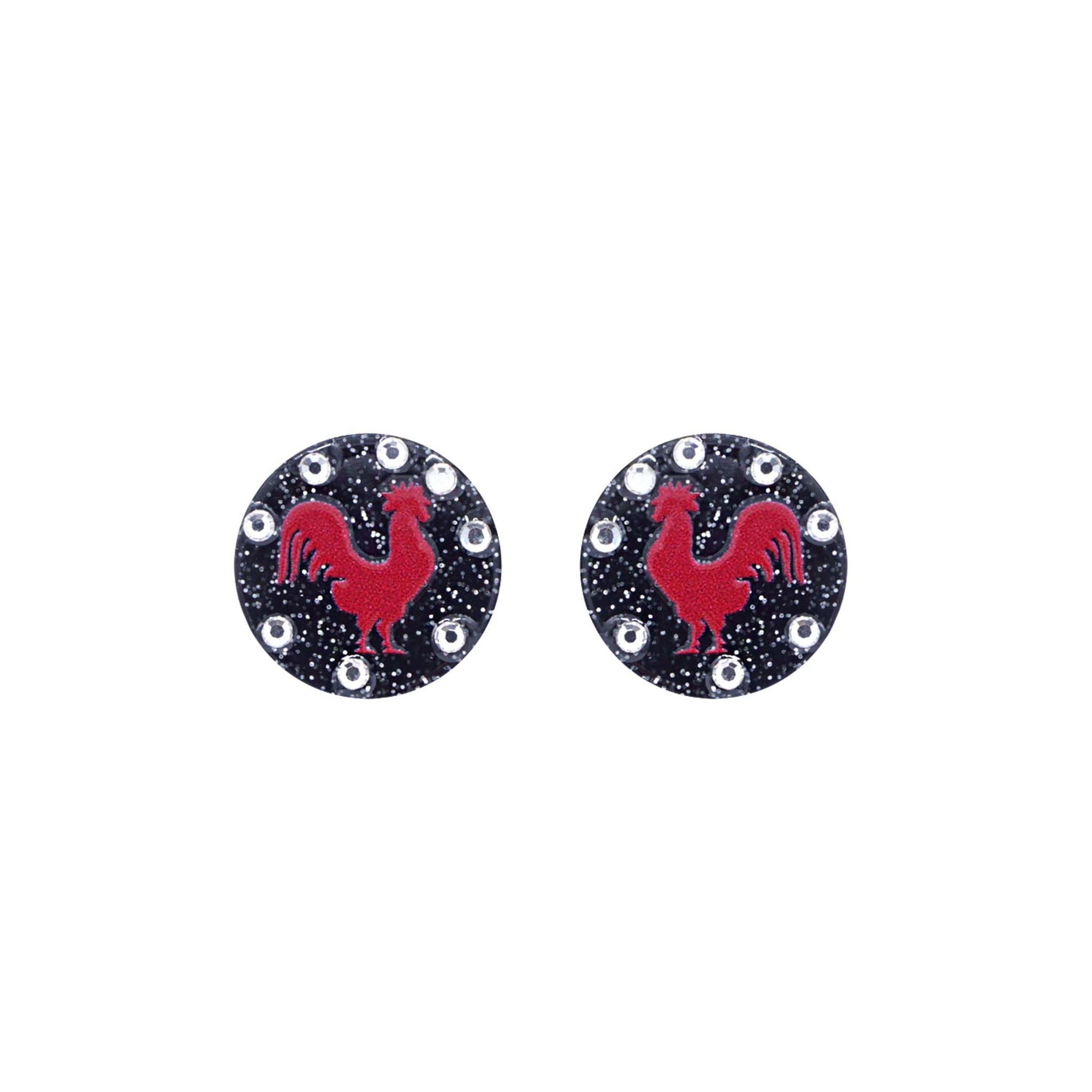 Black round stud earrings with red rooster silhouette and surrounding clear rhinestones, displayed on white background.