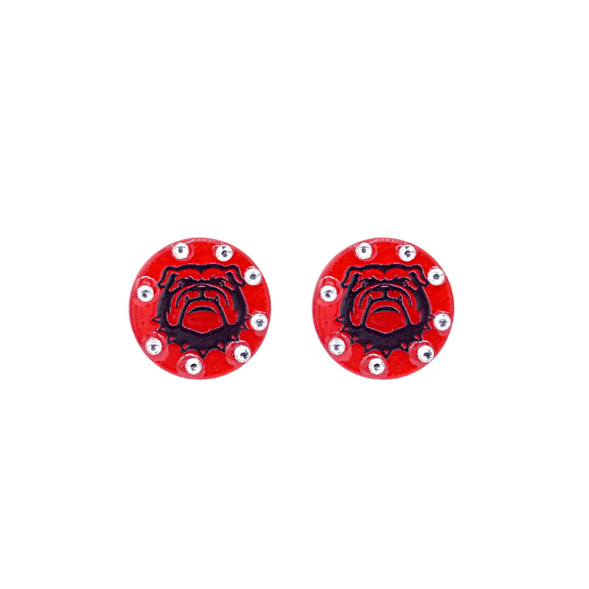Red round stud earrings featuring a black bulldog face design surrounded by clear crystal accents, shown on white background.