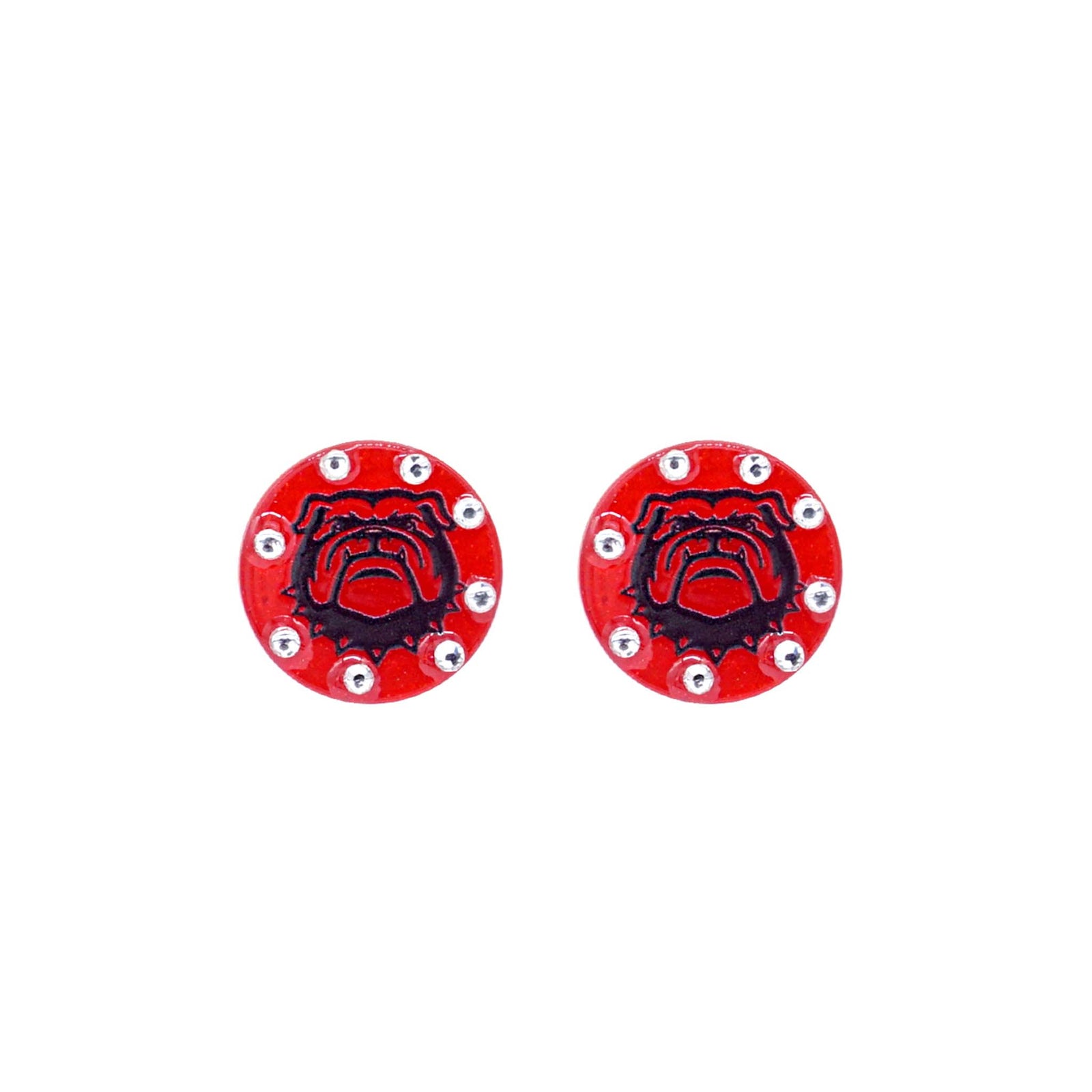 Red round stud earrings featuring a black bulldog face design surrounded by clear crystal accents, shown on white background.