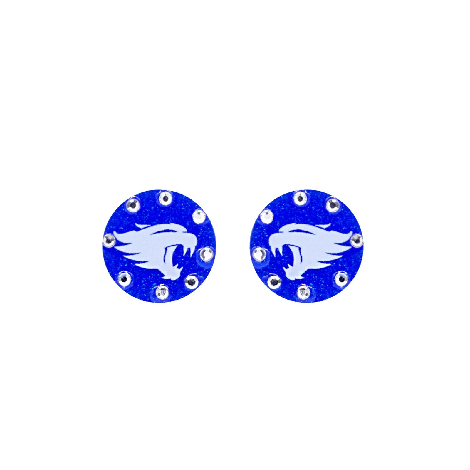 Blue round stud earrings featuring a white wildcat face graphic surrounded by clear crystals, on white background.