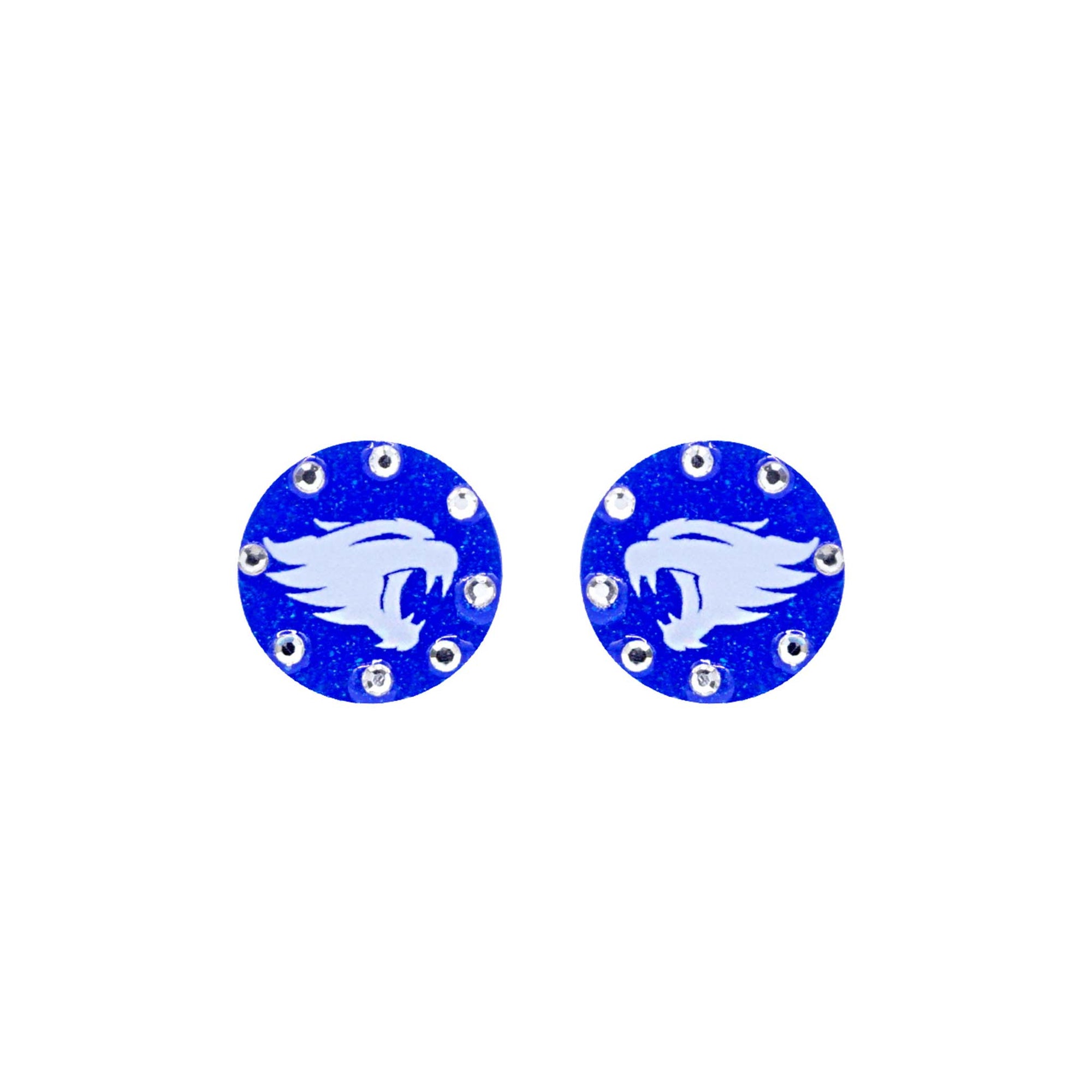Blue round stud earrings featuring a white wildcat face graphic surrounded by clear crystals, on white background.