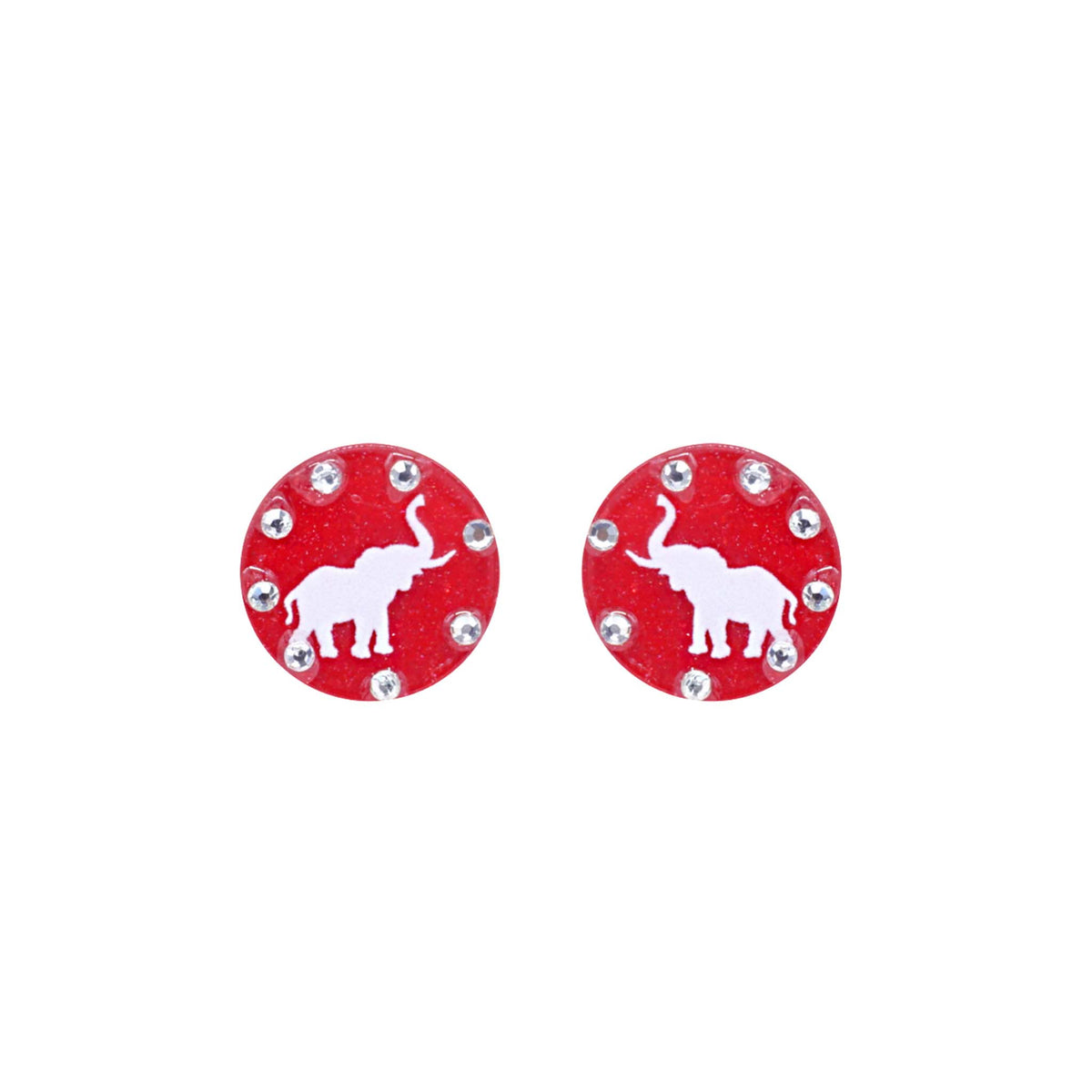 Round red stud earrings with white elephant silhouette and clear crystal accents, shown on white background.