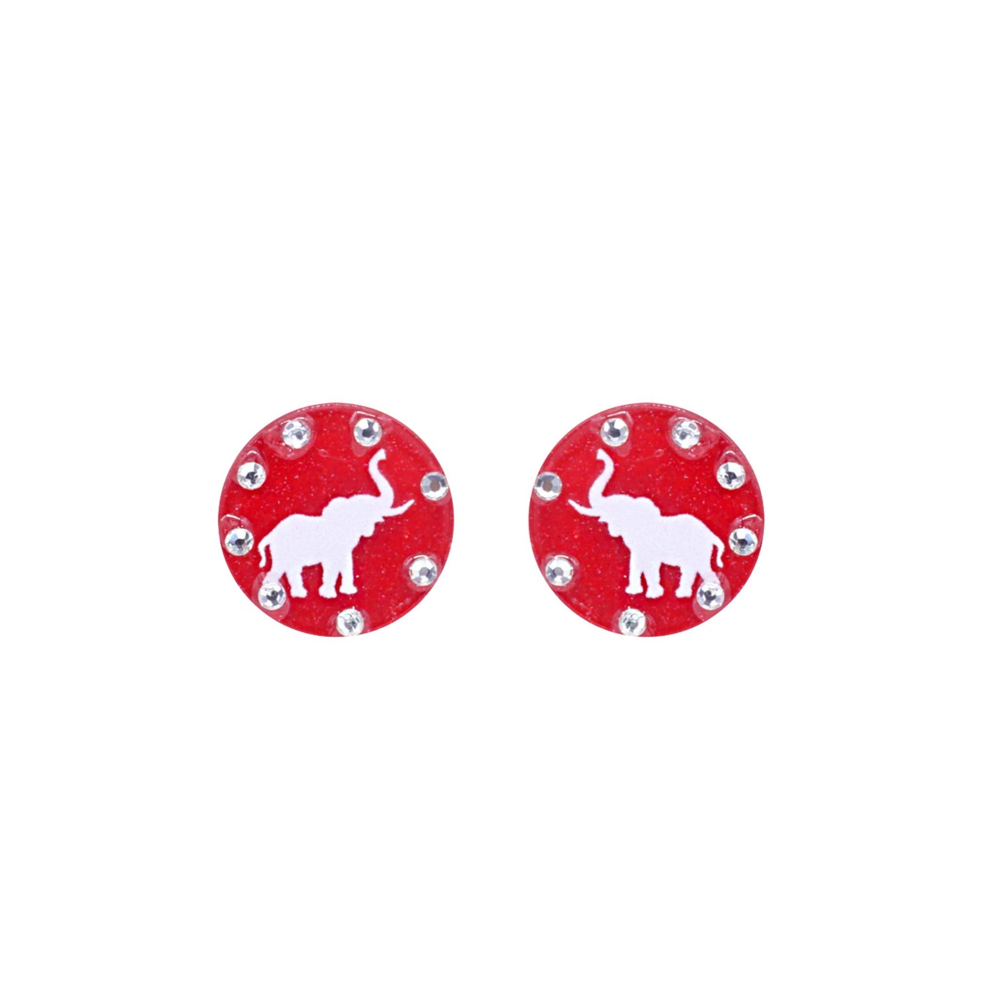 Round red stud earrings with white elephant silhouette and clear crystal accents, shown on white background.