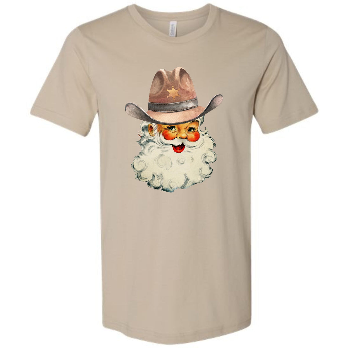 Tan short sleeve t-shirt with a vintage-style Santa Claus graphic wearing a cowboy hat with a sheriff star.