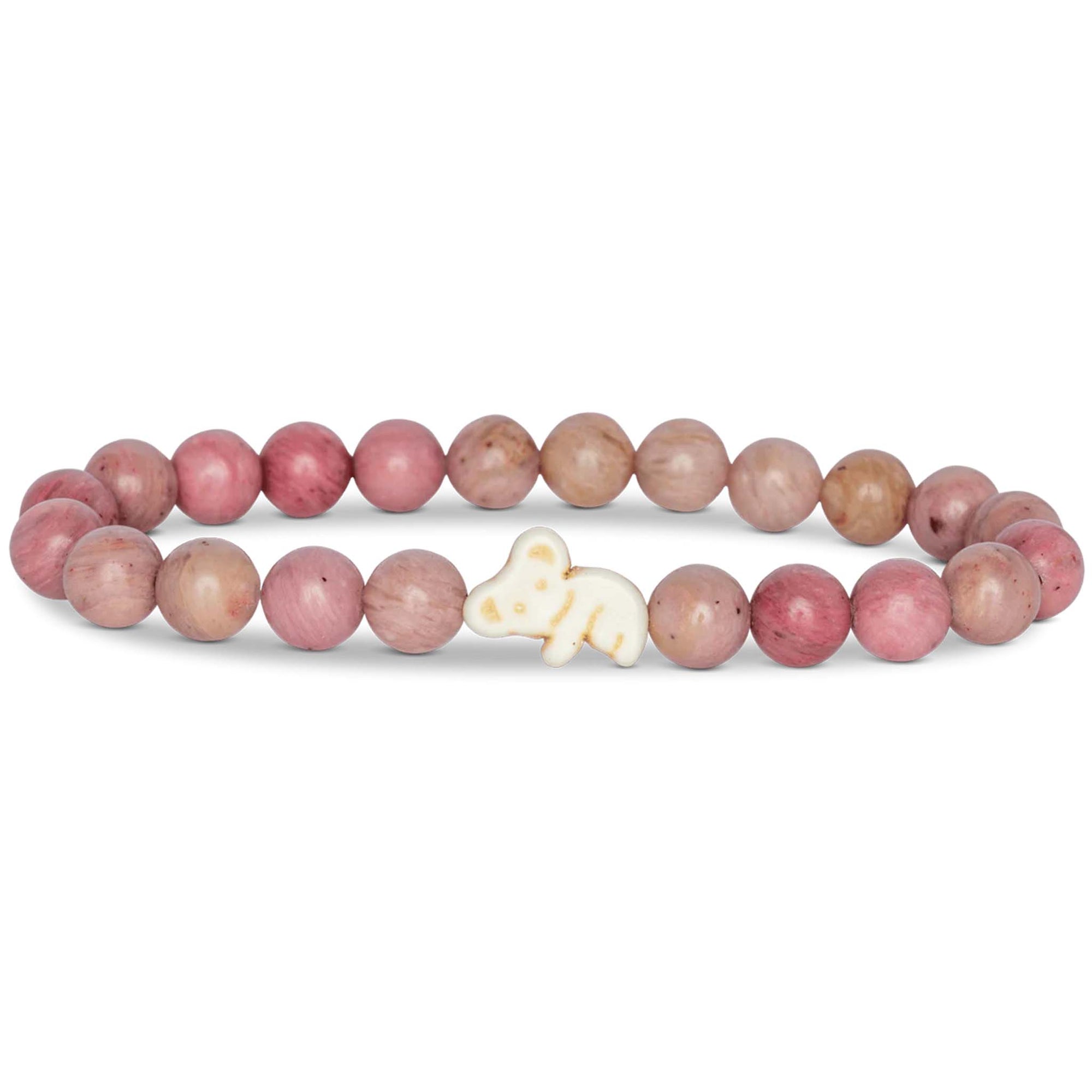 Bracelet with pink beads and a white koala charm on a white background