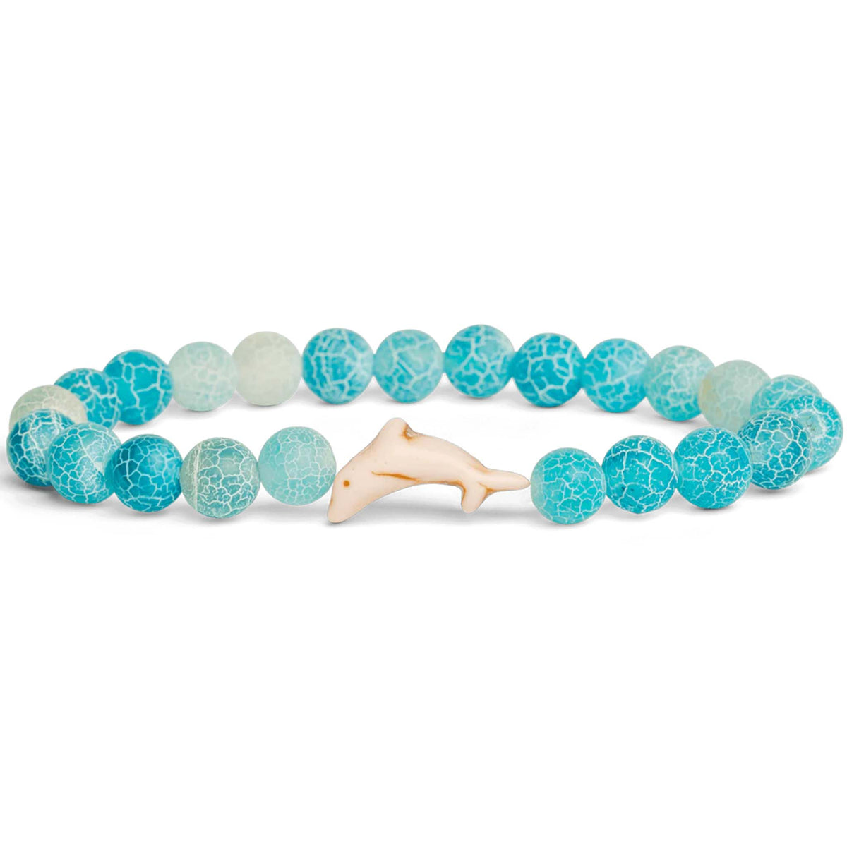 Bracelet with turquoise and white beads and a dolphin charm on a white background