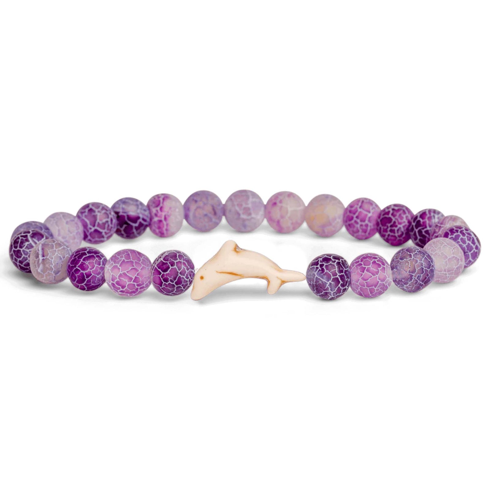 Bracelet with purple and pink marbled beads and a dolphin charm on a white background