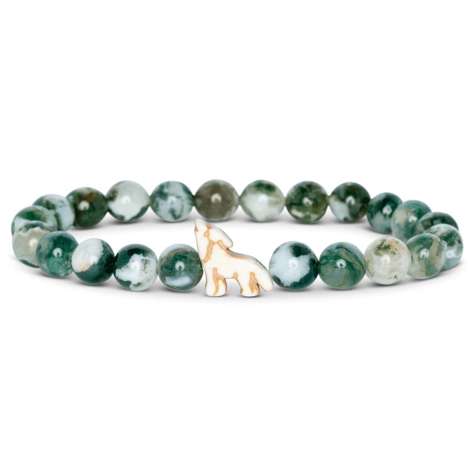 Green beaded bracelet with a small white wolf charm on a white background