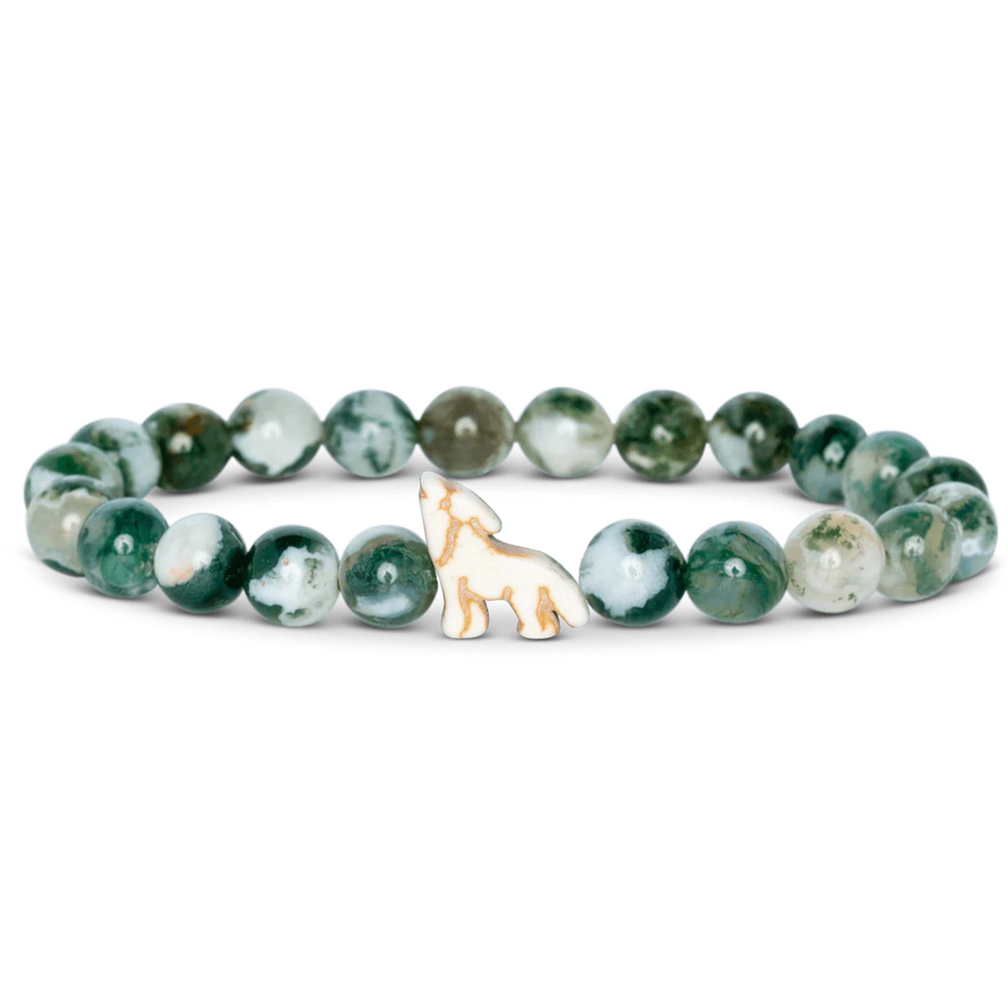 Green beaded bracelet with a small white wolf charm on a white background