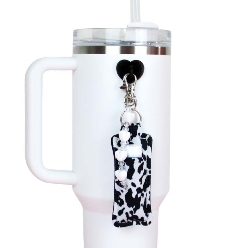 Cow Print Holder with White Heart Water Bottle Charm