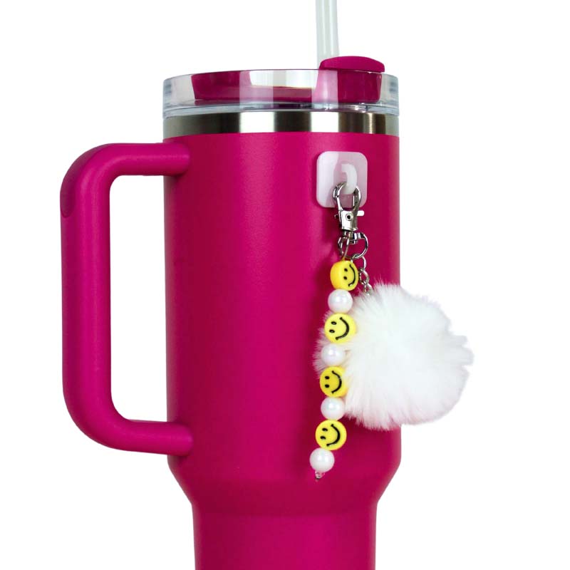 White Puff with Smiley Charm Water Bottle Charm