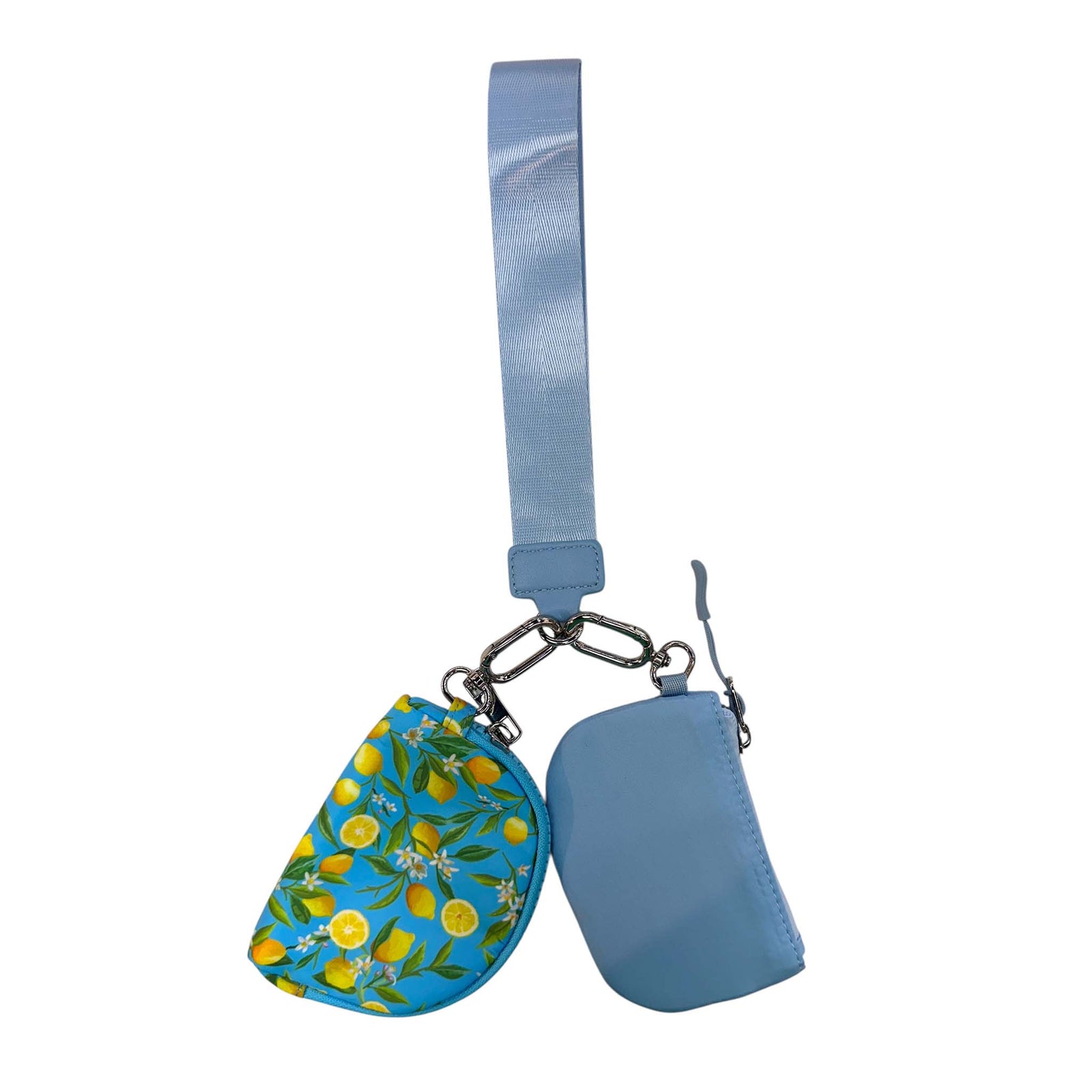 Queen's Designs Dual Wristlet Keychain in Lemon and Blue.
Light blue wristlet with two mini pouches—one in a vibrant lemon print on blue and the other solid light blue—attached with silver hardware and a matching blue strap.